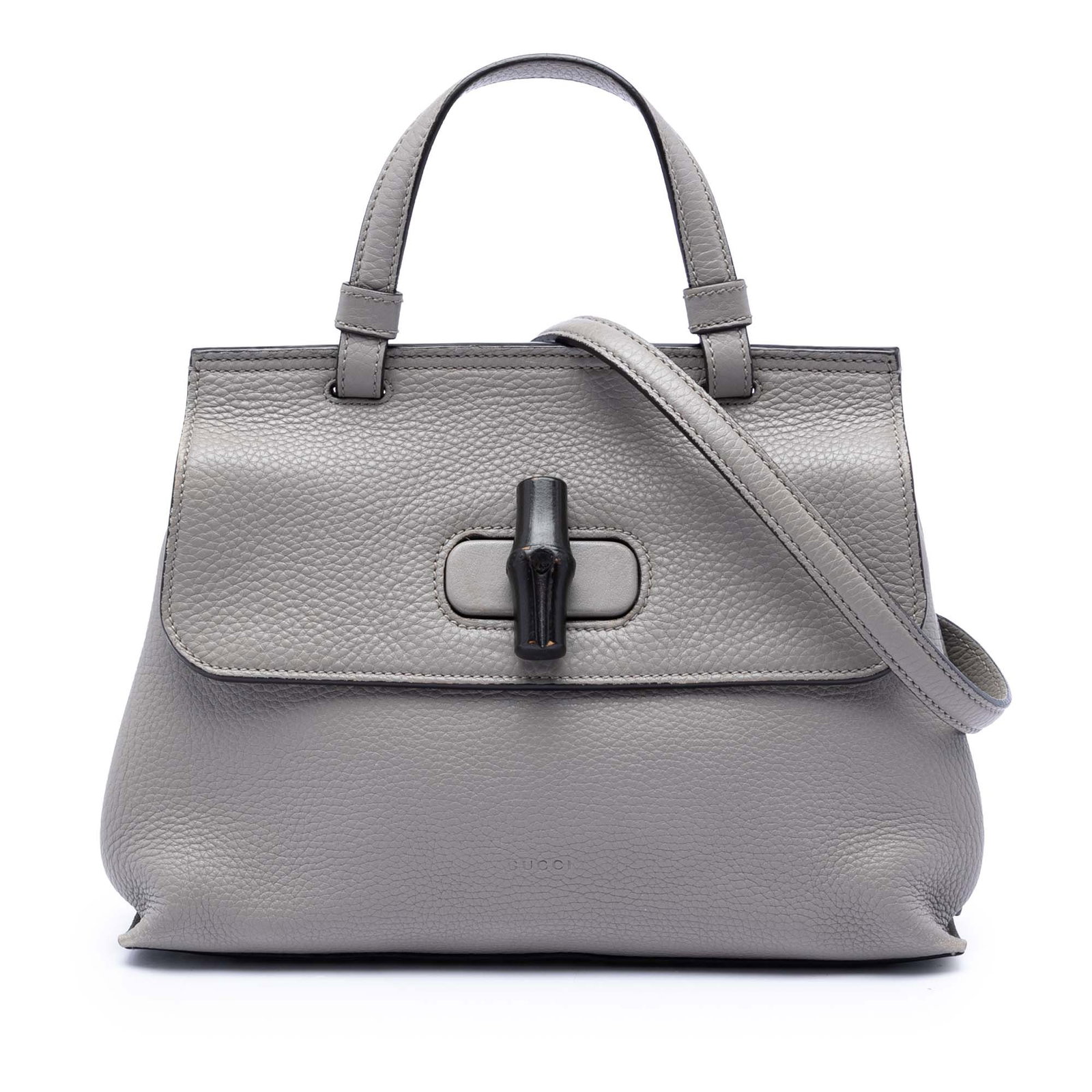 Gucci Gray Leather Bamboo Twist Lock Satchel: Gucci Gray Leather Bamboo Twist Lock Satchel This Gucci Small Leather Bamboo Daily Satchel features a gray leather body, a flat leather top handle, and a detachable flat leather shoulder strap. The ba