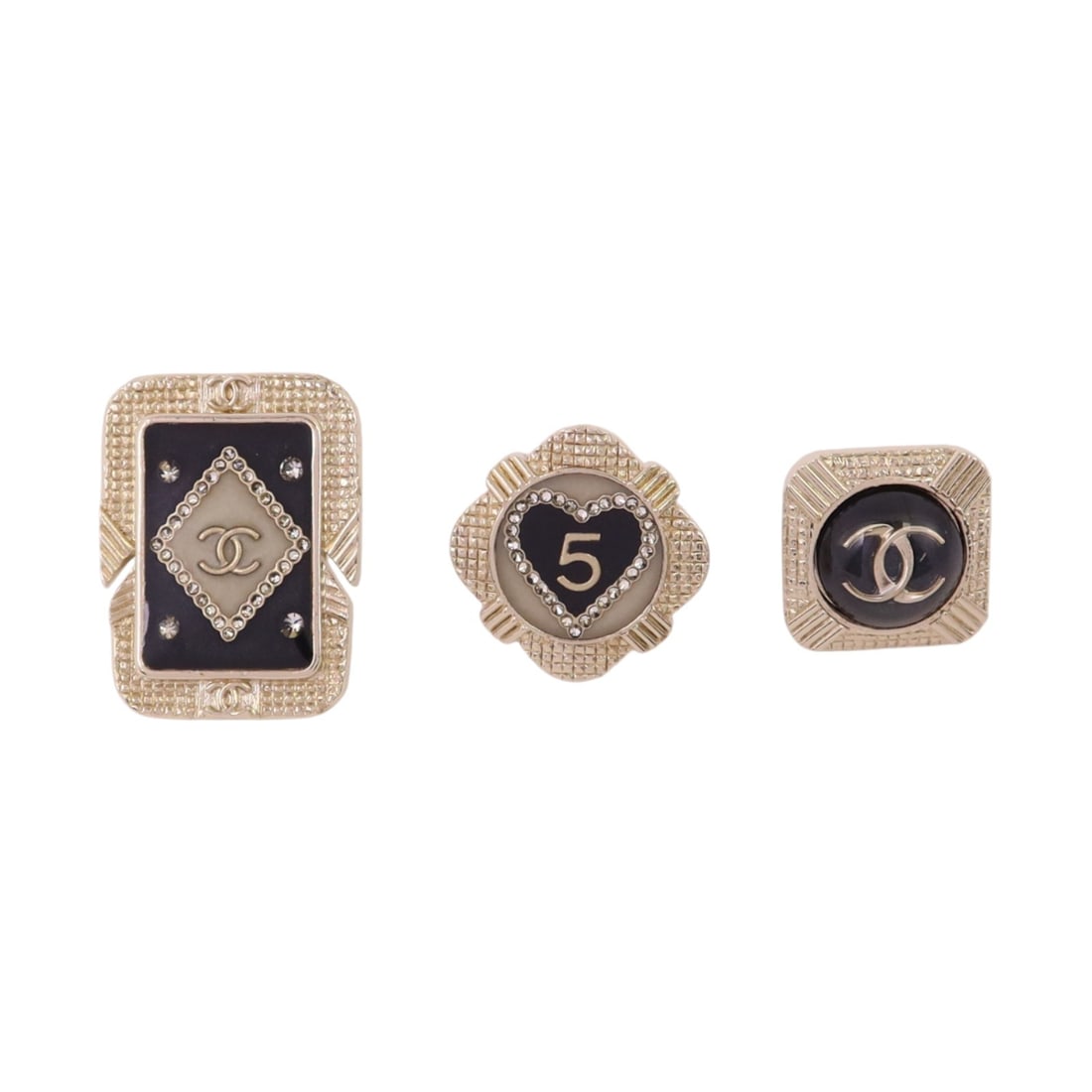 CHANEL CC Brooch Gold Black Metal Strass PVC: CHANEL CC Brooch Gold Black Metal Strass PVC CHANEL brooch featuring the CC motif in gold and black with metal, strass, and PVC construction. Includes a storage box and storage bags. Condition is AB: 