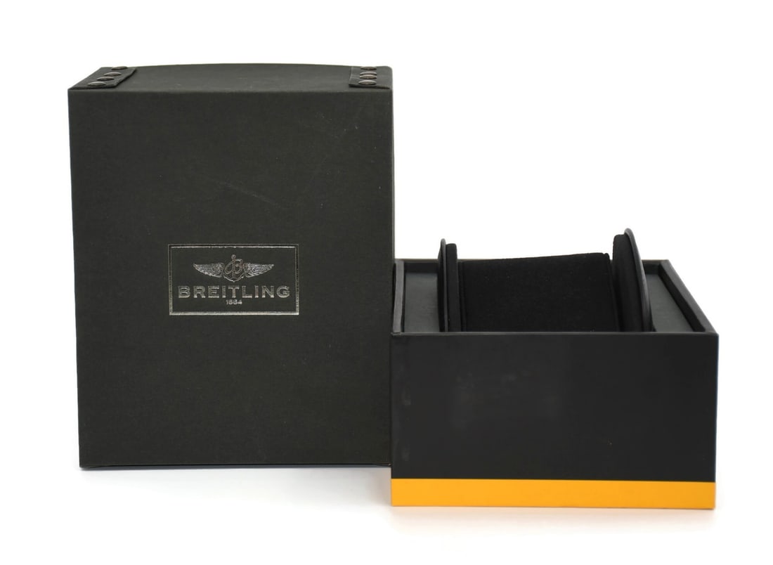 Breitling Authentic Black Presentation Box for Single Watch 7x6x5: Breitling Authentic Black Presentation Box for Single Watch 7x6x5 This Breitling presentation box is designed for a single watch, featuring a sleek black exterior. Measuring 7 x 6 x 5 inches, this box