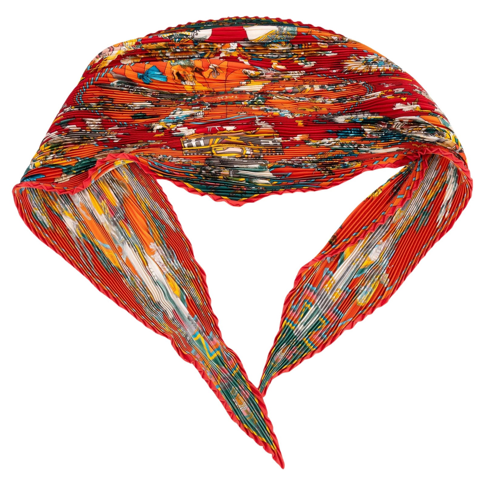 Hermes Red Silk Twill Kachinas Scarf by Kermit Oliver: Hermes Red Silk Twill Kachinas Scarf by Kermit Oliver Elevate your accessory collection with this exquisite Hermes Red Pleated Oliver Kachinas Scarf. Crafted from 100% silk twill, this striking scarf 