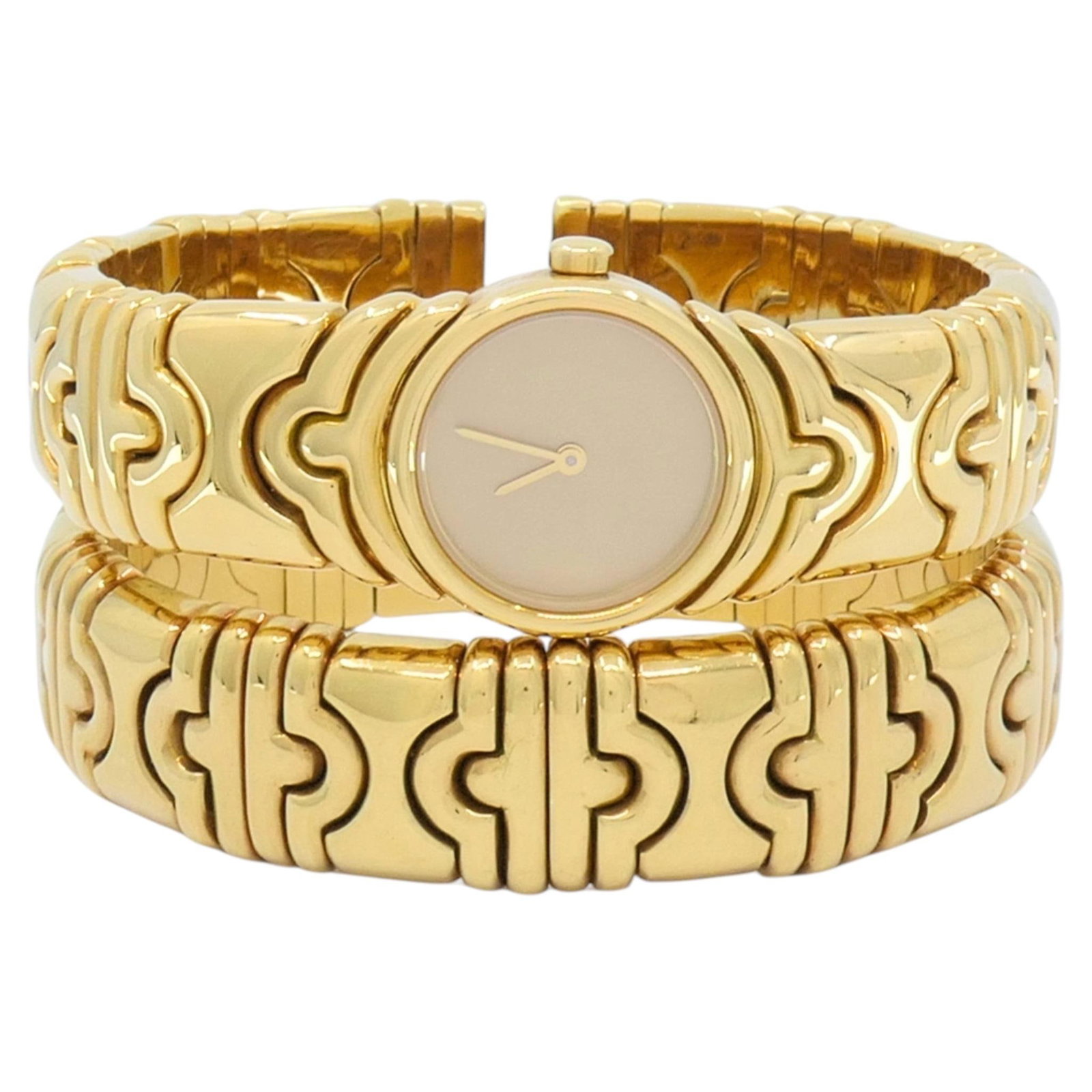 Set of 2 Bvlgari Parentesi 18k Yellow Gold Watch Bracelet: Set of 2 Bvlgari Parentesi 18k Yellow Gold Watch Bracelet Vintage Bvlgari Parentesi set in 18k yellow gold, featuring a coordinating watch and bracelet with the iconic geometric Parentesi motif. The w
