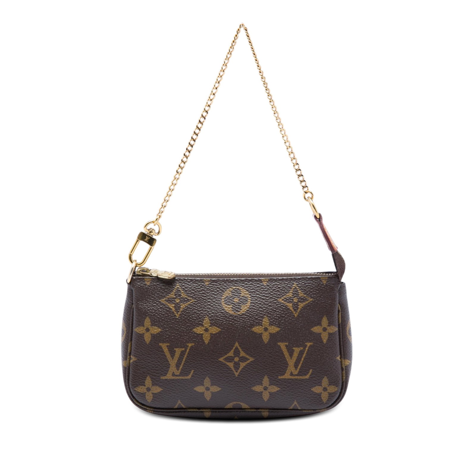 Louis Vuitton Monogram Mini Pochette Zip Top Chain Bag: Louis Vuitton Monogram Mini Pochette Zip Top Chain Bag Louis Vuitton Monogram Mini Pochette Accessoires in brown monogram canvas with a gold-tone chain strap and top zip closure. Made in France. Condi