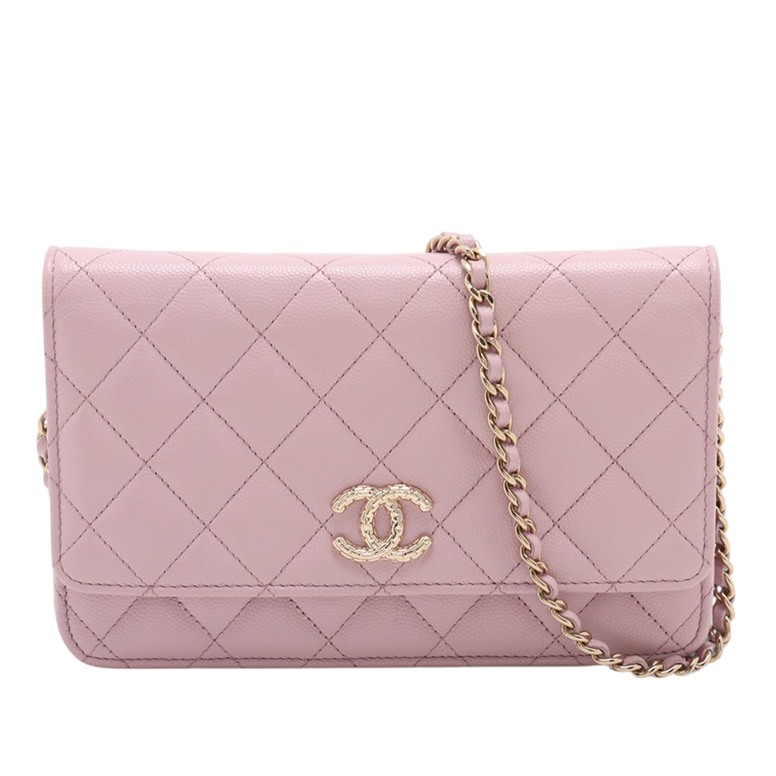 Chanel Pink Caviar Leather Wallet on Chain CC Quilted: Chanel Pink Caviar Leather Wallet on Chain CC Quilted This Chanel CC Quilted Caviar Wallet on Chain is crafted from pink quilted caviar leather and features a gold-tone leather-woven chain link strap.