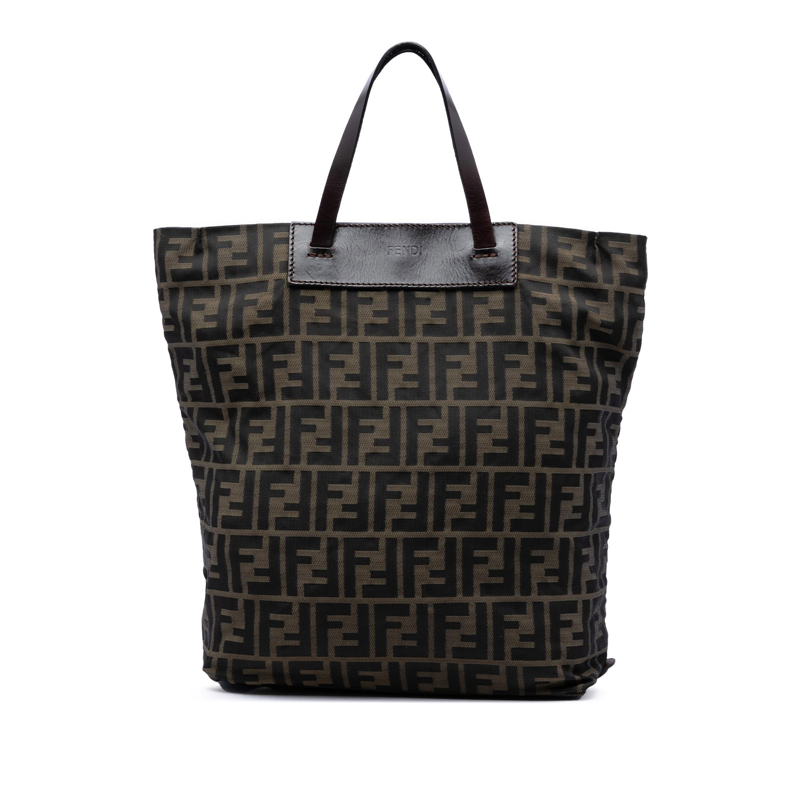 Fendi Zucca Tote Bag in Brown Canvas with Leather Trim: Fendi Zucca Tote Bag in Brown Canvas with Leather Trim Fendi Zucca canvas tote with leather trim, flat leather handles, and a top snap button closure. Made in Italy, this brown bag shows visible wear 