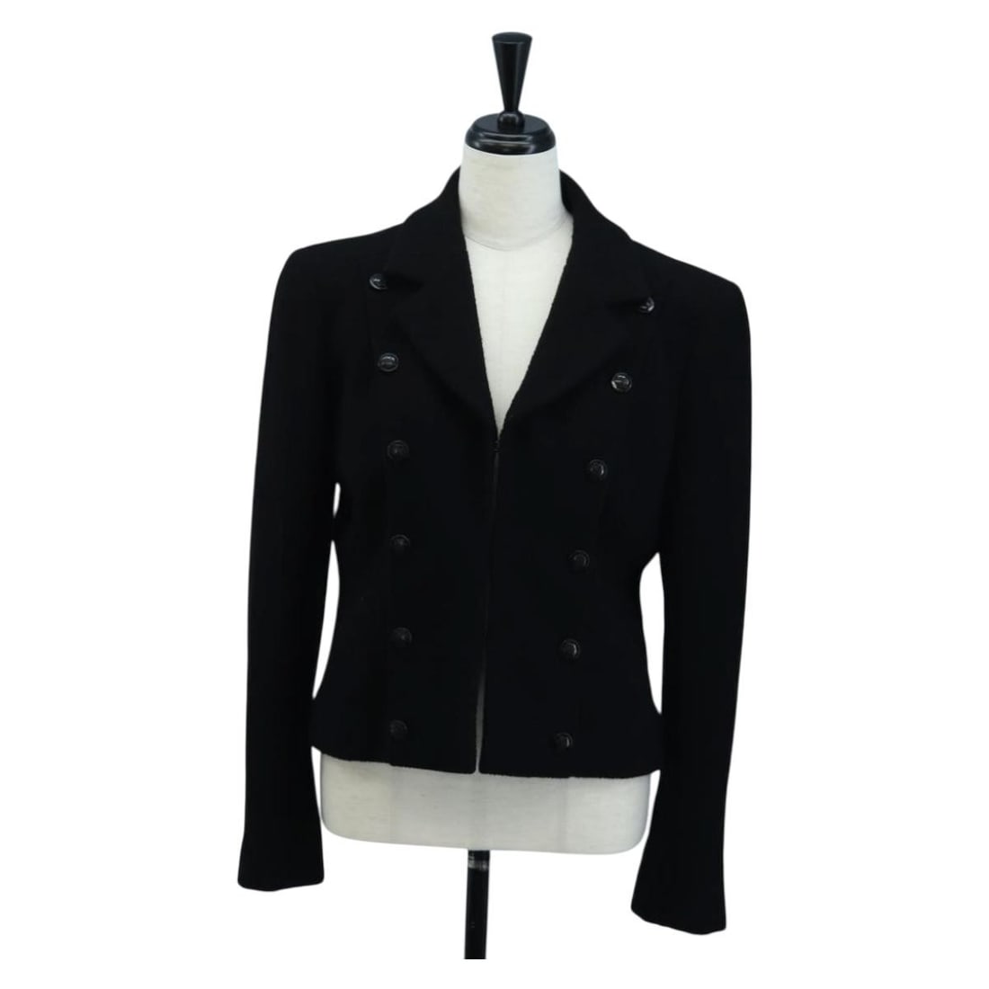 CHANEL Black Wool Tweed Womens Jacket Made in France: CHANEL Black Wool Tweed Womens Jacket Made in France Authentic CHANEL women's wool tweed jacket in black, made in France. This tailored jacket has a very good pre-owned condition rating with slight ru