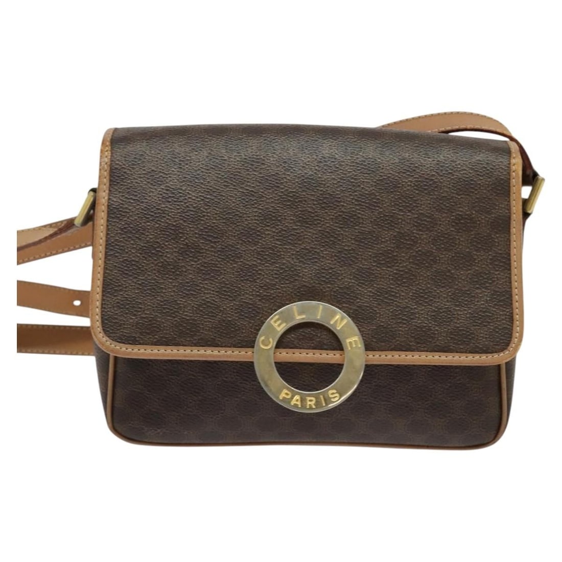 Celine Vintage Macadam Circle Logo Shoulder Bag Canvas Leather: Celine Vintage Macadam Circle Logo Shoulder Bag Canvas Leather This Celine Vintage Macadam Circle Logo Shoulder Bag features a classic brown canvas body accented with leather trim. Designed for unisex