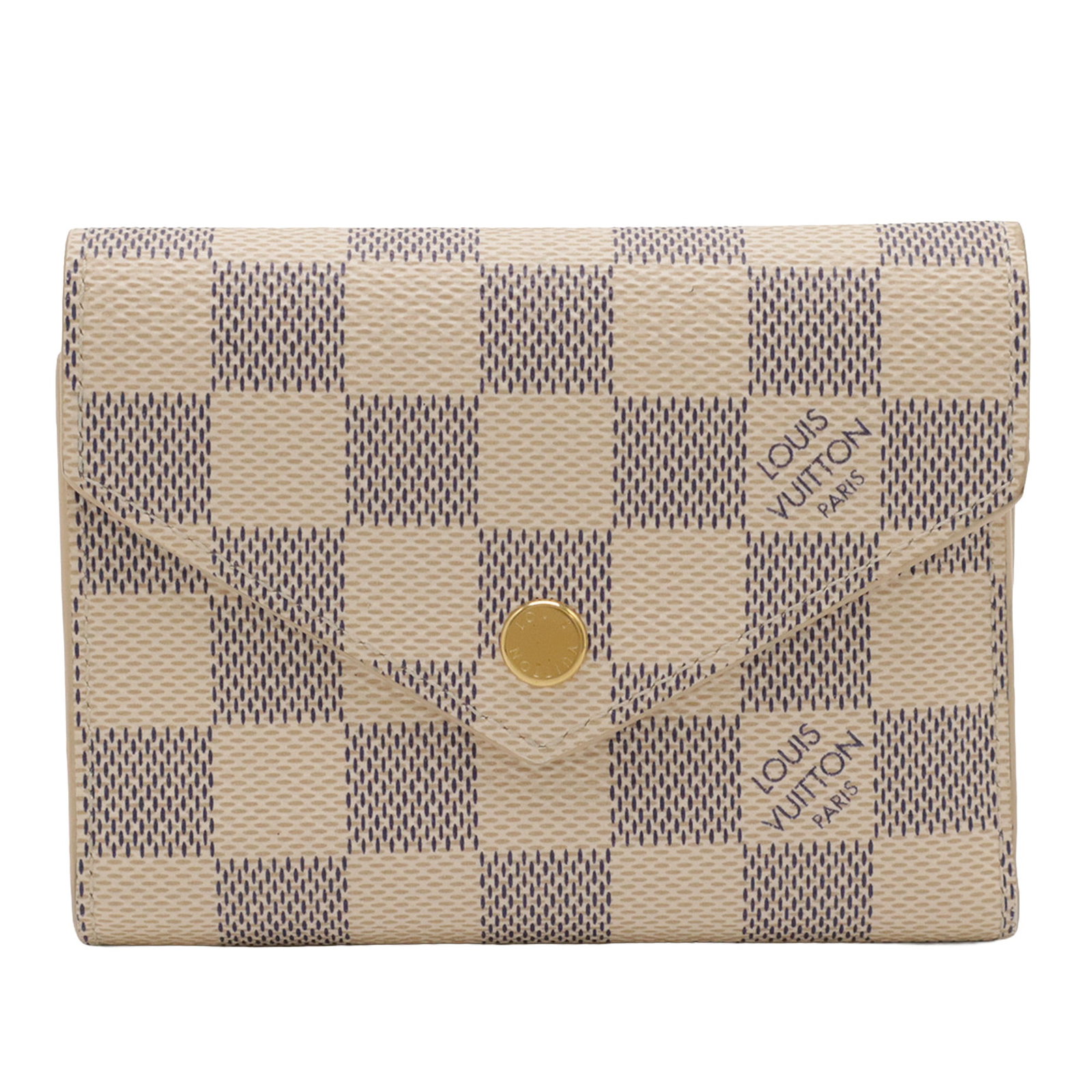 Louis Vuitton Victorine wallet in Damier Azur canvas: Louis Vuitton Victorine wallet in Damier Azur canvas Louis Vuitton Damier Azur Victorine wallet with a damier azur canvas body, top flap, snap button closure, and interior zip and slip pockets. Made i