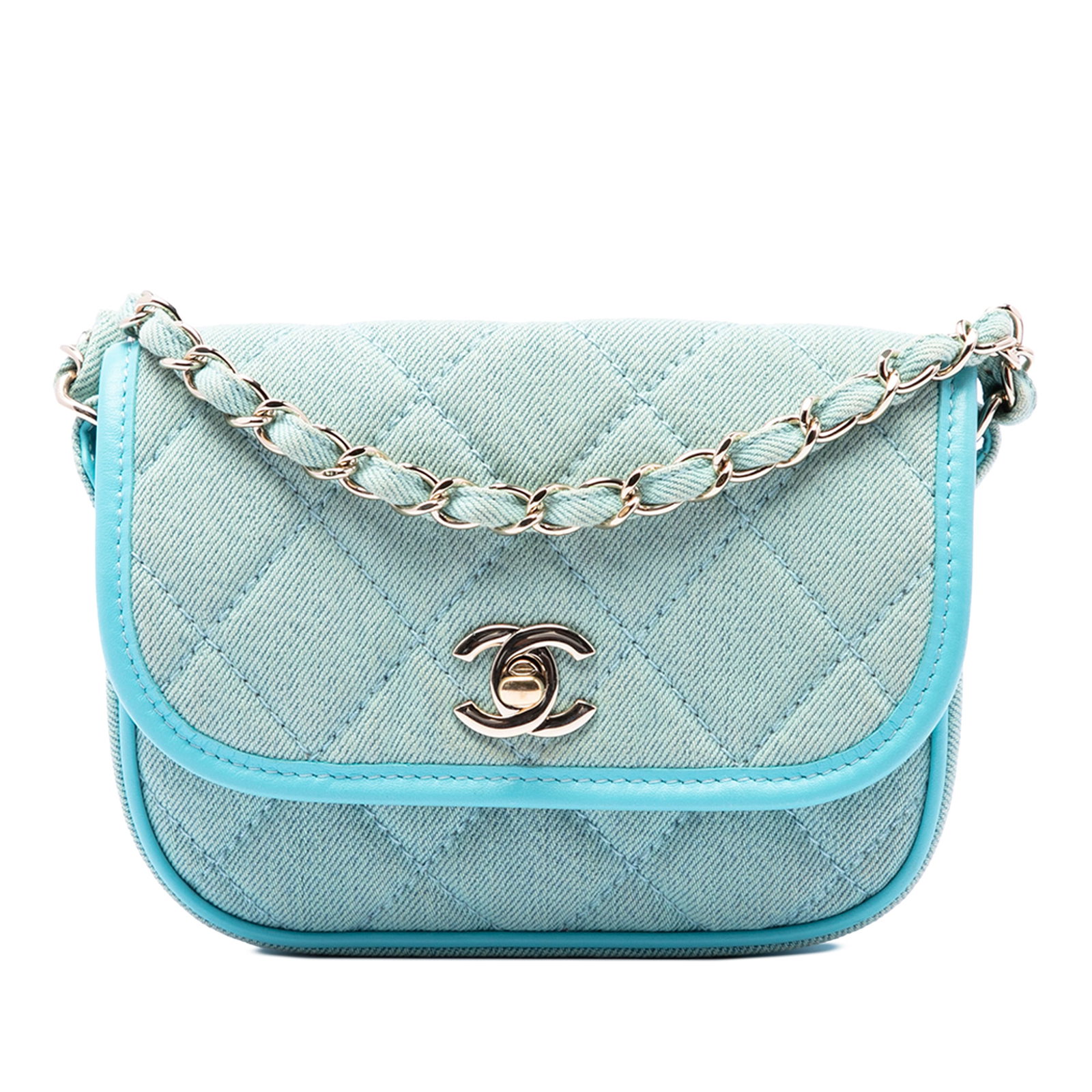 Chanel Mini CC Denim Crossbody Bag with Quilted Flap: Chanel Mini CC Denim Crossbody Bag with Quilted Flap Quilted denim Chanel Mini CC Messenger Flap crossbody bag with leather trim and a denim-woven chain strap with leather guard. The design includes a