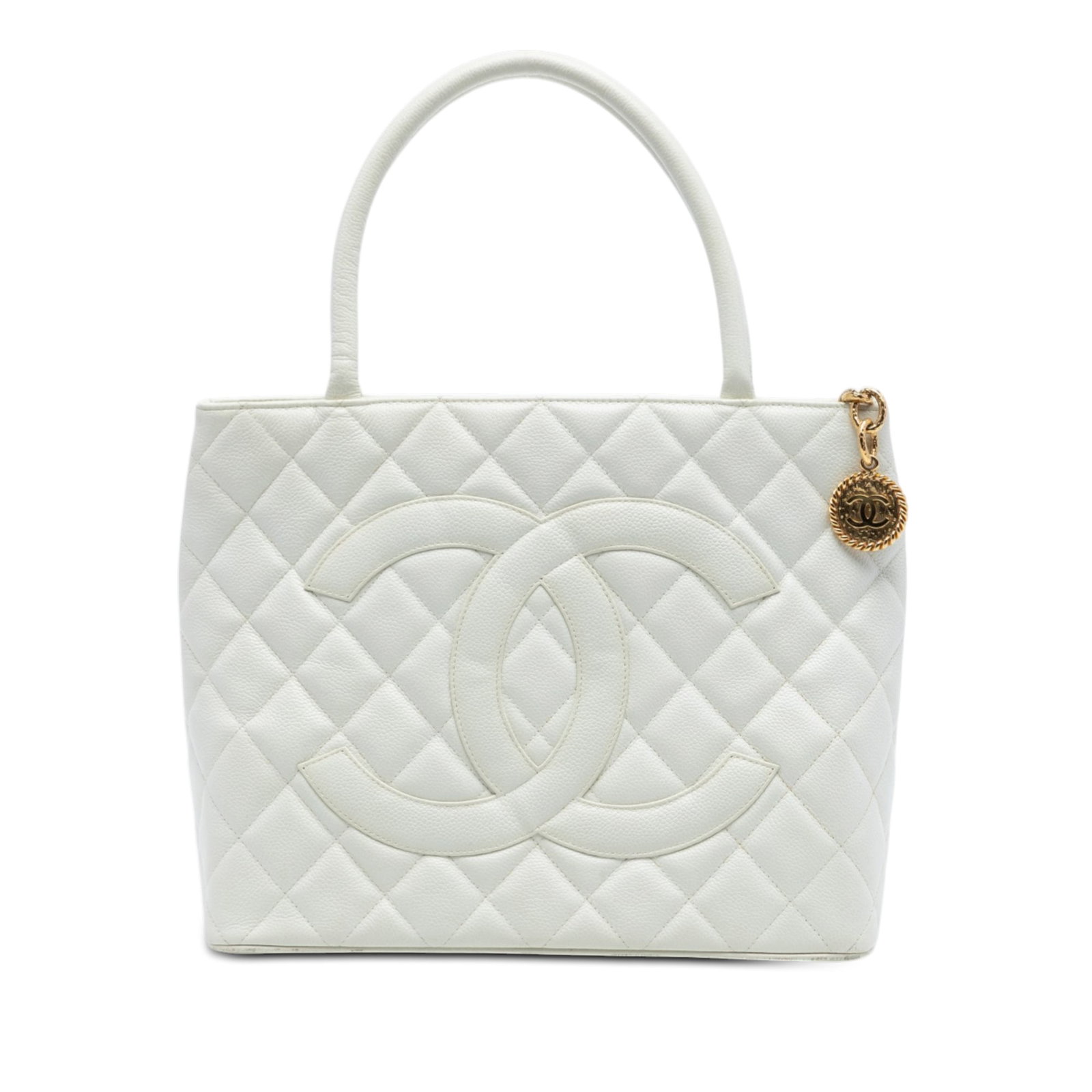 White Caviar Leather Medallion Tote Bag by Chanel France: White Caviar Leather Medallion Tote Bag by Chanel France This Chanel Caviar Medallion Tote features a caviar leather body with rolled leather handles, a top zip closure, an exterior back slip pocket, 