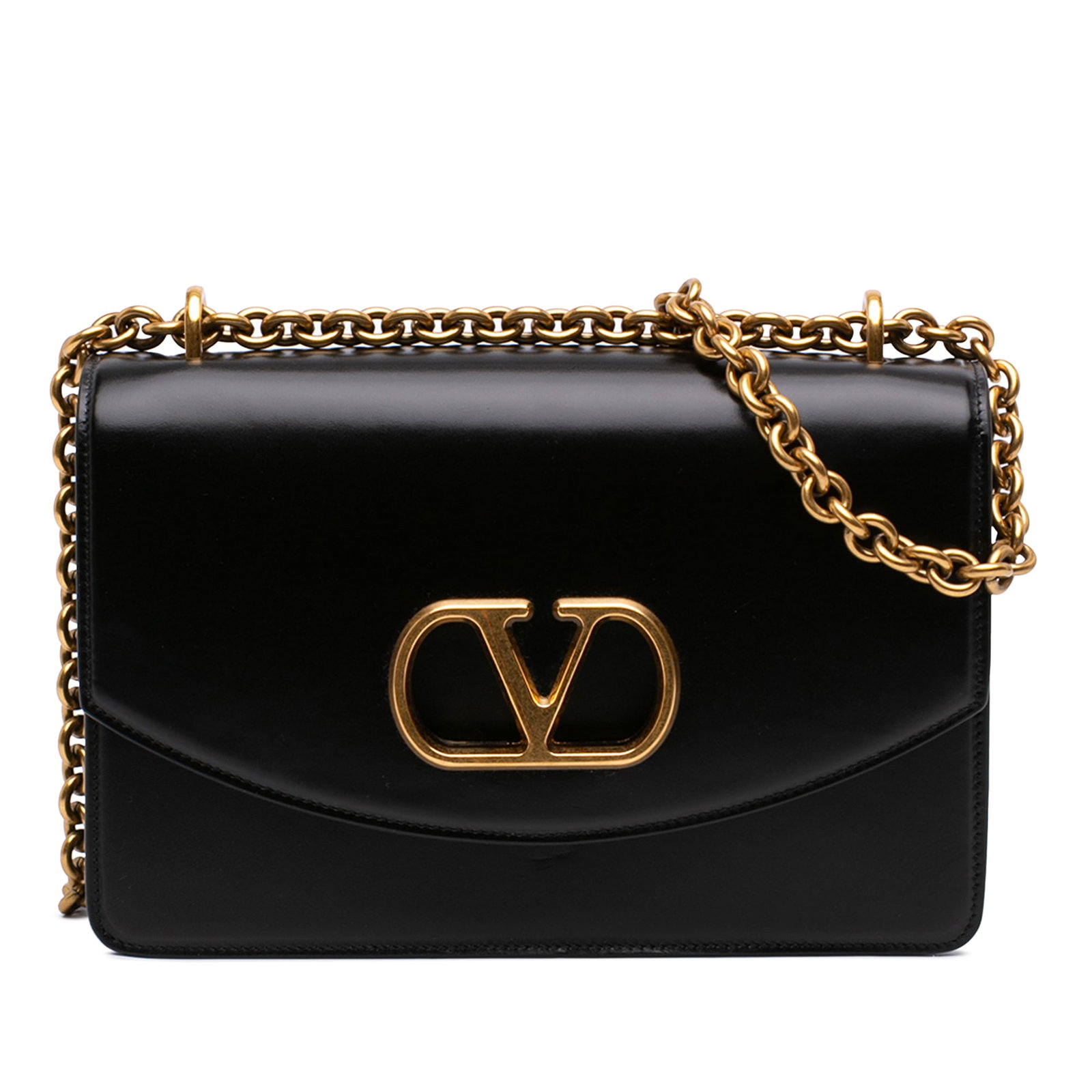 Valentino VLogo Vain Small Calfskin Leather Crossbody Bag Black: Valentino VLogo Vain Small Calfskin Leather Crossbody Bag Black Valentino Small Shiny Calfskin VLogo Vain Crossbody in black leather with a front flap and magnetic snap closure. The interior includes 