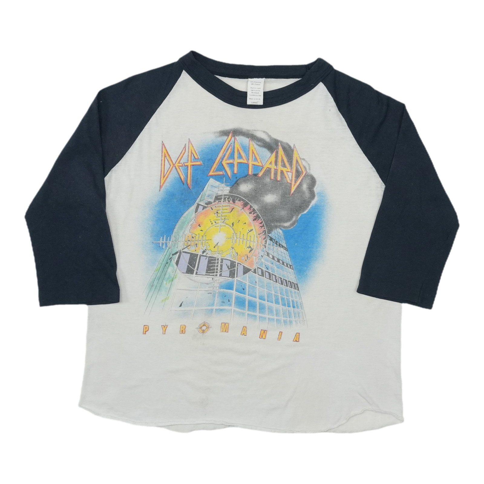 Def Leppard Pyromania 1983 vintage raglan shirt Large: Def Leppard Pyromania 1983 vintage raglan shirt Large Authentic vintage Def Leppard Pyromania Tour raglan shirt from 1983. This original 1980s single-stitch shirt is not a modern reproduction. It is i