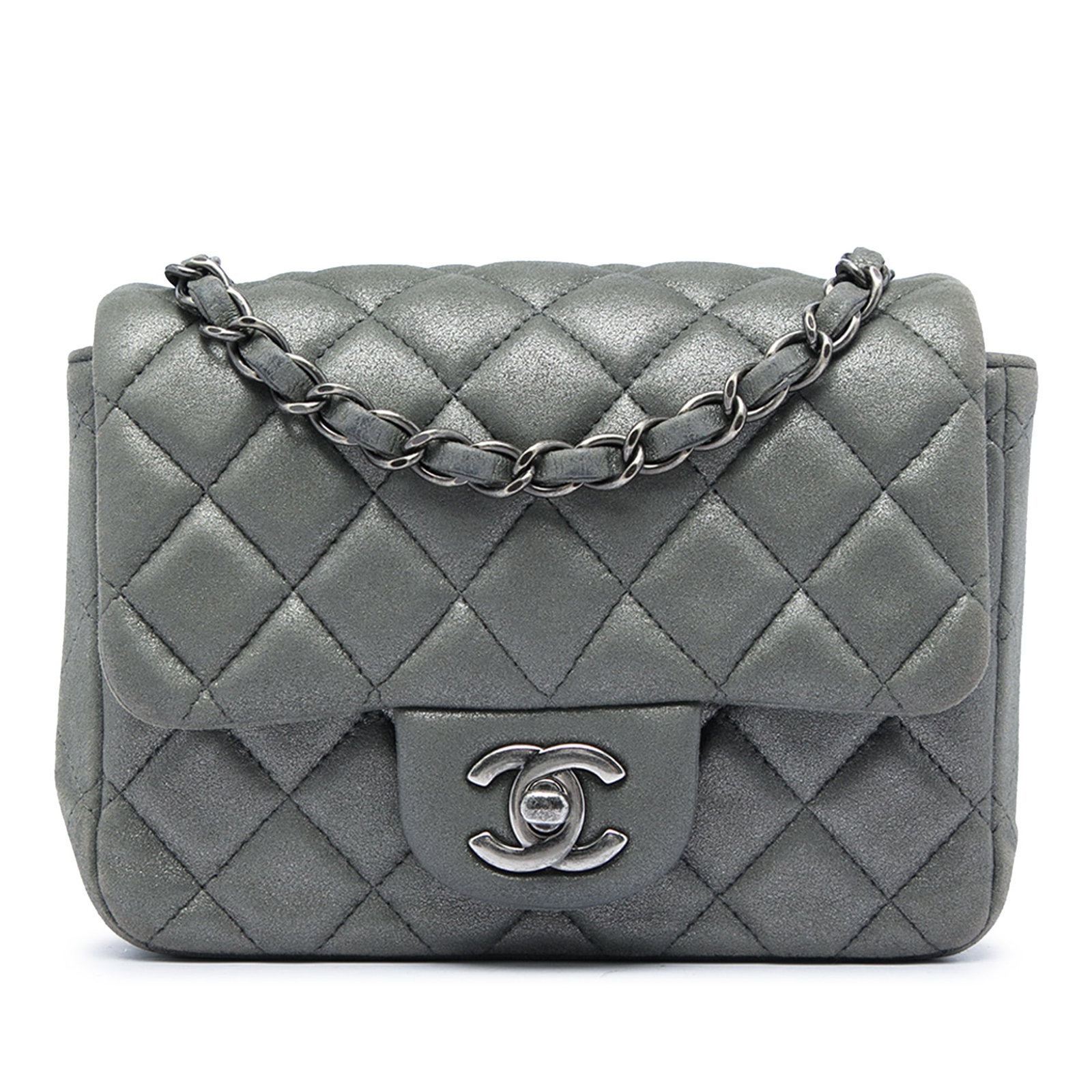 Chanel Mini Square Classic Metallic Lambskin Crossbody Bag: Chanel Mini Square Classic Metallic Lambskin Crossbody Bag Chanel Mini Square Classic Metallic Lambskin Single Flap crossbody bag in gray quilted lambskin leather. This bag features a leather-woven ch