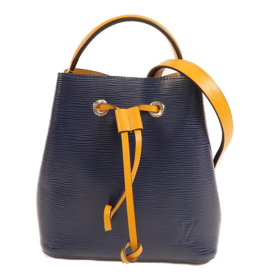 Louis Vuitton Neo Noe BB M53610 Epi Calfskin 2 Way Handbag: Louis Vuitton Neo Noe BB M53610 Epi Calfskin 2 Way Handbag The Louis Vuitton Neo Noe BB is a 2-way bag in Epi leather with calfskin details, presented in Navy/Yellow with Dark Blue/Orange color accent