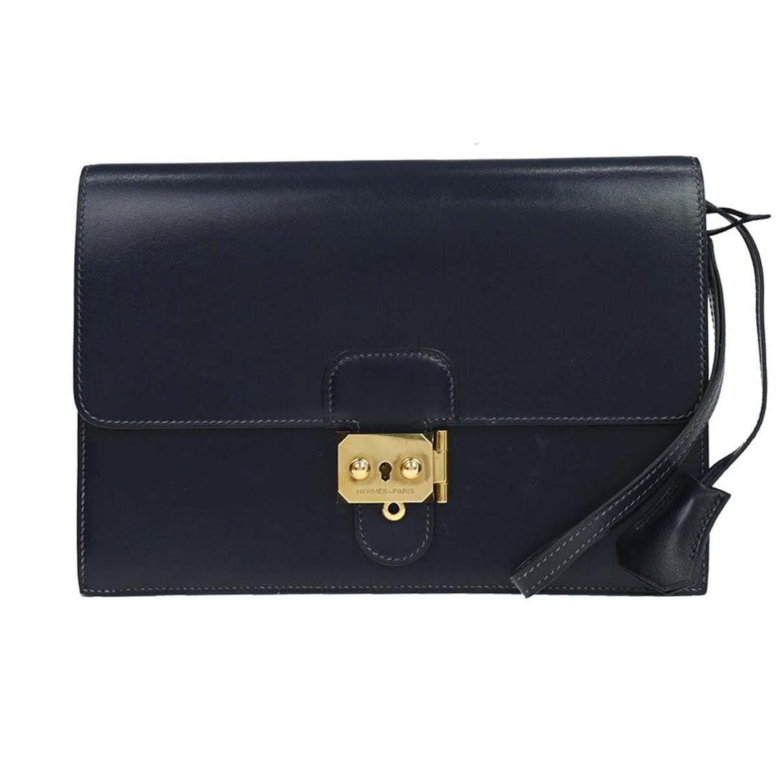 Hermes Pochette Jet navy box calf clutch with wrist strap: Hermes Pochette Jet navy box calf clutch with wrist strap Hermes Pochette Jet clutch bag in blue navy Box Calf leather with a clasp closure and leather lining. This small pouch-style bag features an i