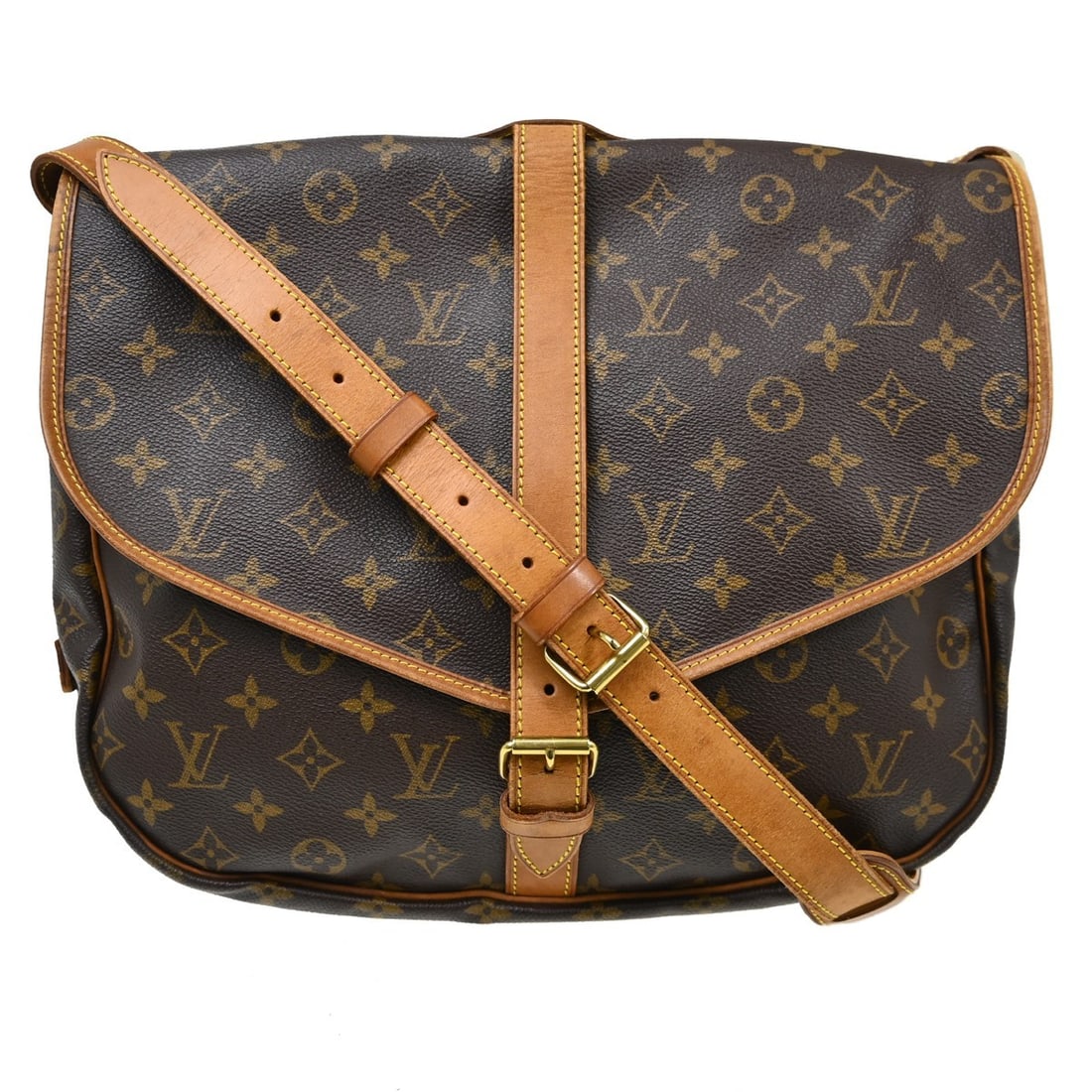 Louis Vuitton Saumur 35 Monogram Canvas Crossbody Shoulder Bag M42254: Louis Vuitton Saumur 35 Monogram Canvas Crossbody Shoulder Bag M42254 Vintage Louis Vuitton Saumur 35 shoulder bag in brown Monogram canvas with leather trim and a buckle closure. This unisex bag feat