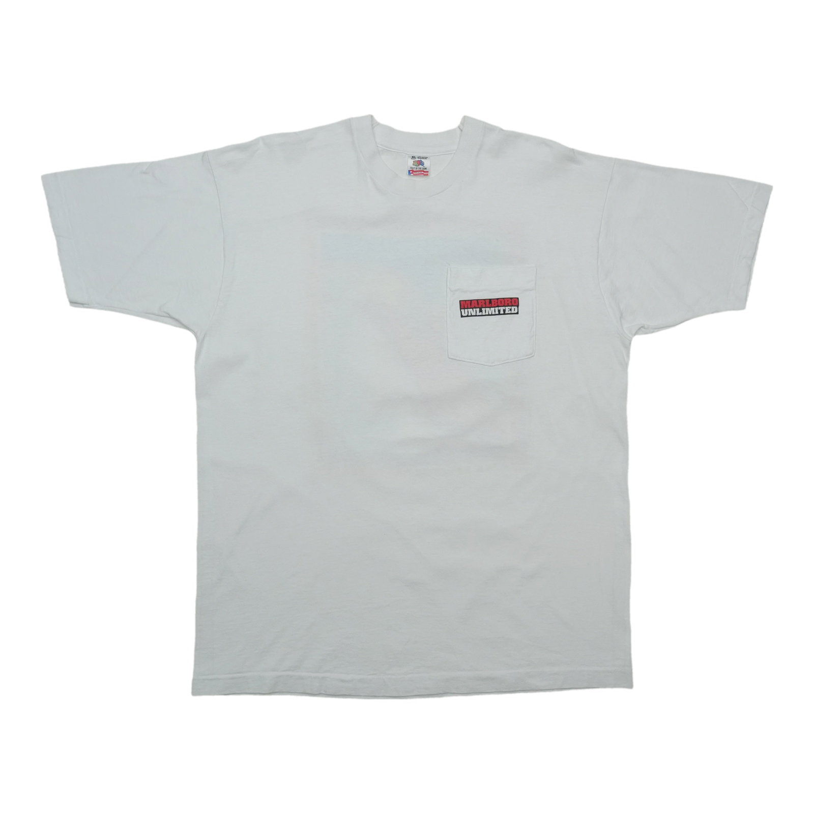White 1990s Marlboro Unlimited Cotton Pocket Tee XL: White 1990s Marlboro Unlimited Cotton Pocket Tee XL Authentic vintage Marlboro Unlimited pocket shirt from the 1990s. This original single stitch shirt is a true vintage piece, not a modern reproducti