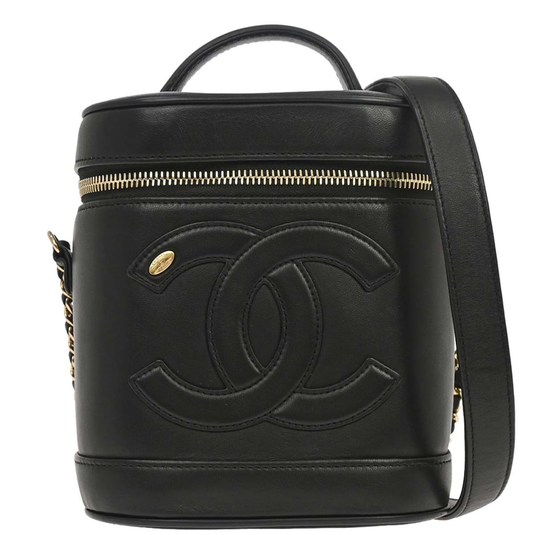 CHANEL Vanity 2way Lambskin Top Handle Bag Black: CHANEL Vanity 2way Lambskin Top Handle Bag Black Chanel Black Lambskin Vanity 2way Handbag in medium size, designed with a top handle and zipper closure. It features a black lambskin exterior, canvas 