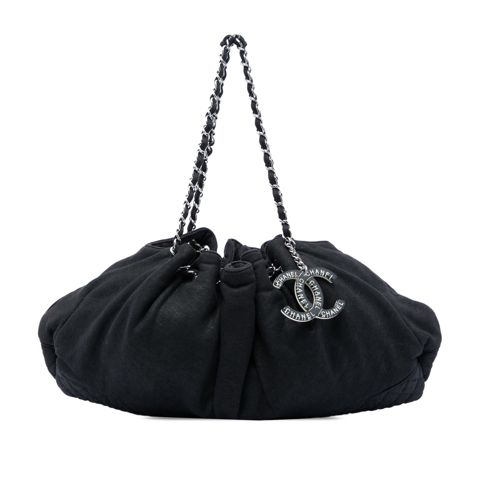 Chanel Jersey Melrose Cabas Cotton Tote Bag Black: Chanel Jersey Melrose Cabas Cotton Tote Bag Black Chanel Jersey Melrose Cabas tote bag in black fabric with a cotton body, cotton-woven chain shoulder straps, a drawstring closure, and an interior sli