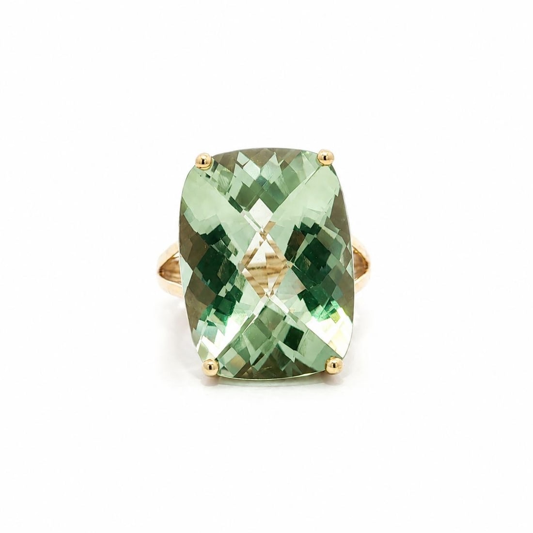 Unbranded 14k Yellow Gold Prasiolite Quartz Cushion Solitaire Ring 18ct: Unbranded 14k Yellow Gold Prasiolite Quartz Cushion Solitaire Ring 18ct Pre-owned women's solitaire ring featuring a natural prasiolite quartz center stone in a large cushion checkerboard cut. Crafted