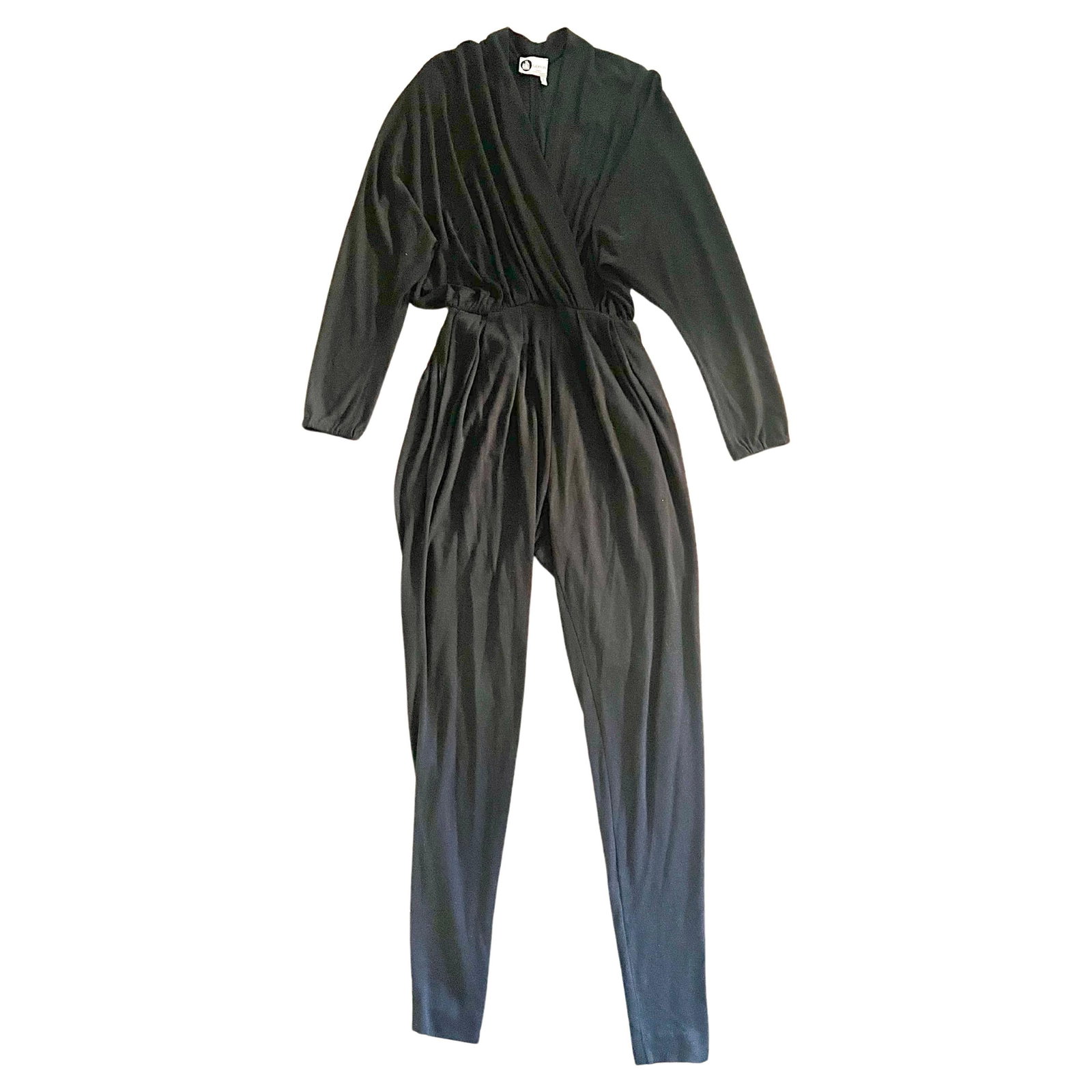 Lanvin Paris Size 38 Black V Neck Jumpsuit: Lanvin Paris Size 38 Black V Neck Jumpsuit Vintage Lanvin Paris black jumpsuit from France, dating to the late 20th century. It features long sleeves, a V-neckline, and an oversized, relaxed fit. Cond