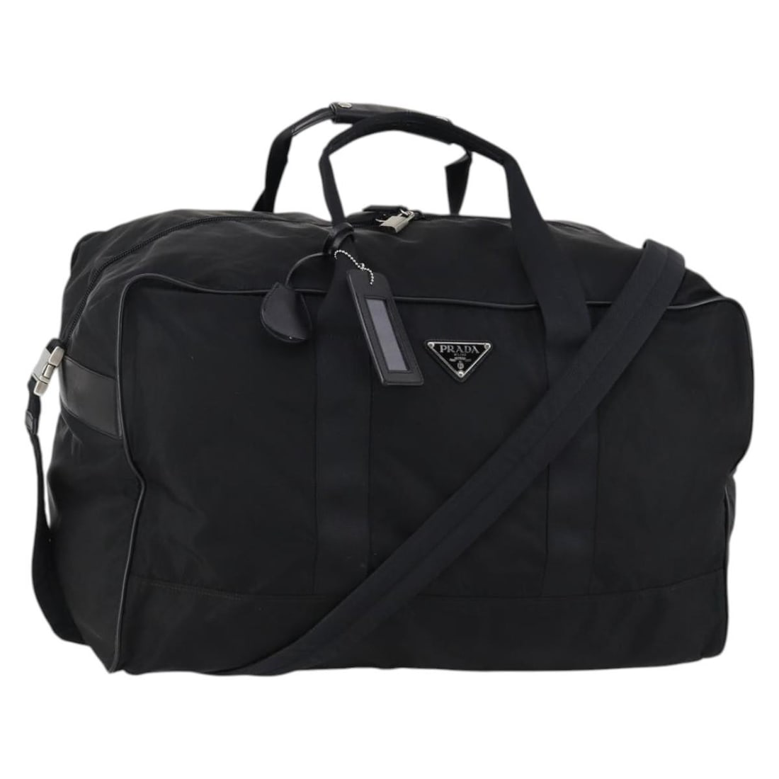 Black Nylon Boston Tote Bag by Prada 57cm by 36cm by 32cm: Black Nylon Boston Tote Bag by Prada 57cm by 36cm by 32cm This Prada Boston Bag is crafted from black nylon and designed for unisex use. It features a spacious interior and includes a handle and shoul