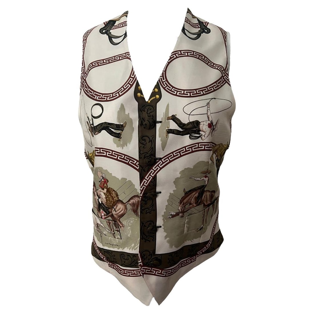 Hermes Jean De Fougerolle Silk Vest Horses Motif Size 46: Hermes Jean De Fougerolle Silk Vest Horses Motif Size 46 Vintage Hermes silk vest in size 46 (EU), designed by Jean De Fougerolle in the 1980s. It features a horses motif, front button closure, imitat