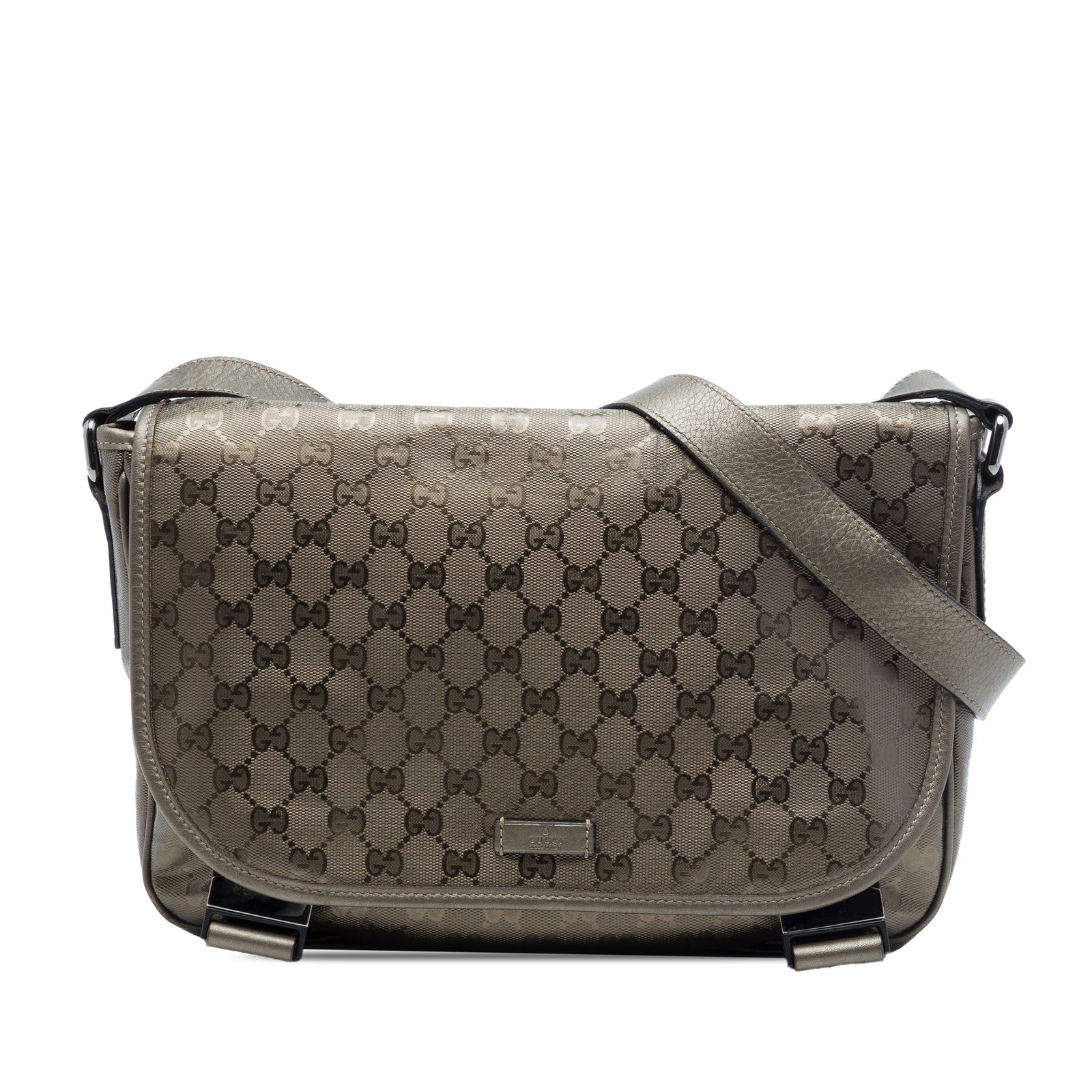 Gucci GG Imprime Brown Crossbody Bag with Leather Trim: Gucci GG Imprime Brown Crossbody Bag with Leather Trim Gucci GG Imprime crossbody bag with a coated canvas body and leather trim. It features an adjustable flat strap, a top flap with dual buckle clos