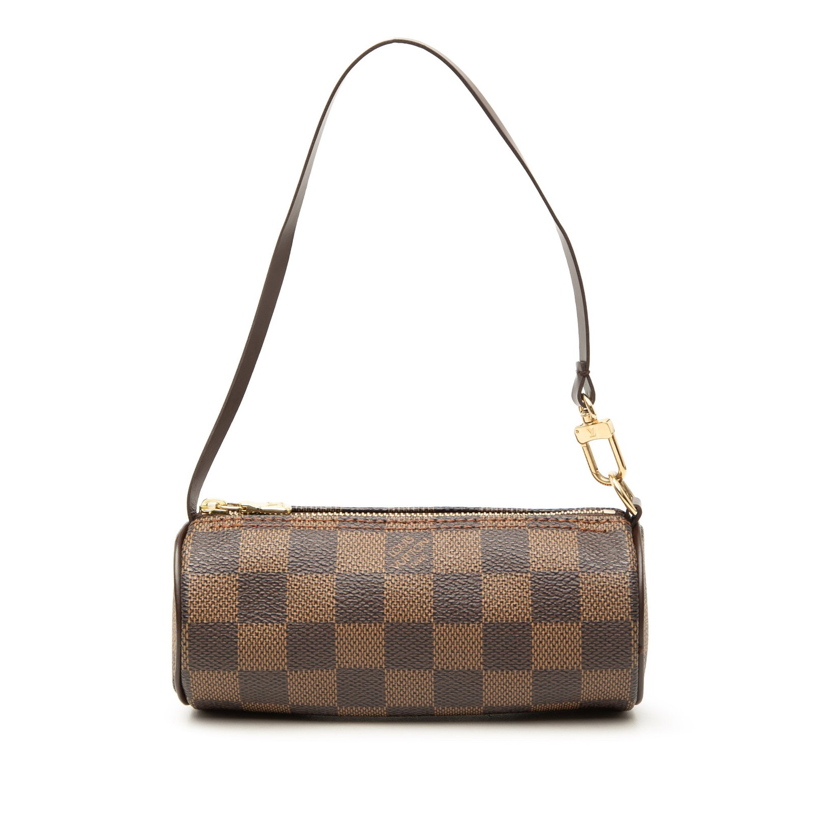 Louis Vuitton Papillon Pochette in Damier Ebene Canvas: Louis Vuitton Papillon Pochette in Damier Ebene Canvas Louis Vuitton Damier Ebene Papillon Pochette in brown with a damier ebene canvas body, leather trim, a flat leather strap, and a top zip closure.