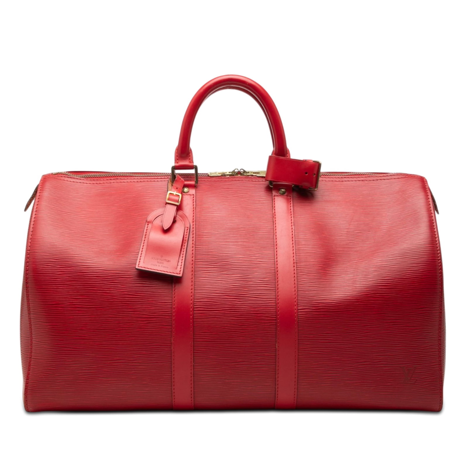 Louis Vuitton Keepall 45 Epi Leather Travel Bag Red: Louis Vuitton Keepall 45 Epi Leather Travel Bag Red Louis Vuitton Epi Keepall 45 travel bag in red leather with rolled handles and a top zip closure. Made in France. Condition is B+ with visible wear 