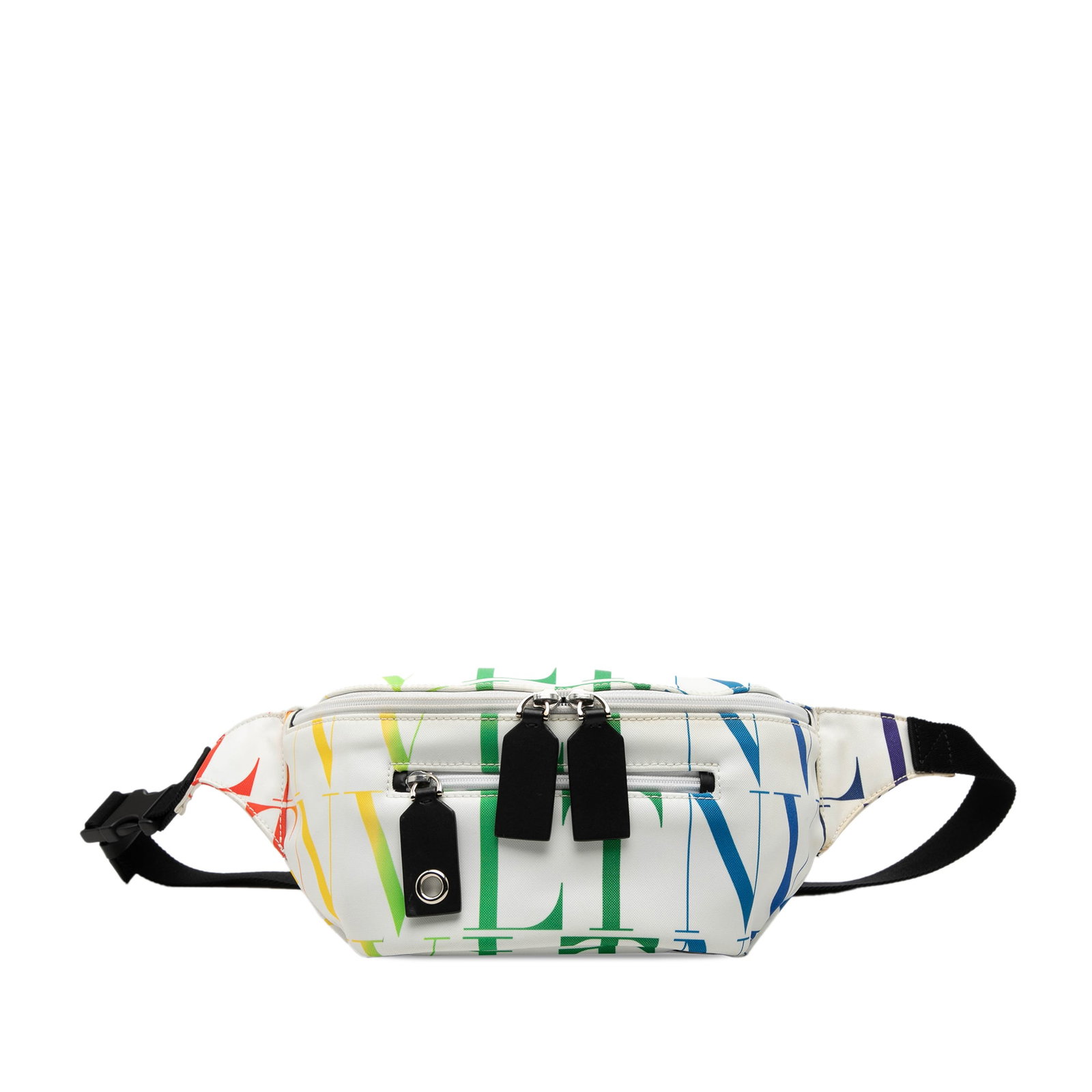 Valentino VLTN Times nylon belt bag white: Valentino VLTN Times nylon belt bag white Valentino Nylon VLTN Times Belt Bag in white fabric with a printed nylon body, adjustable flat waist strap, top zip closure, and exterior front zip pocket. Ma