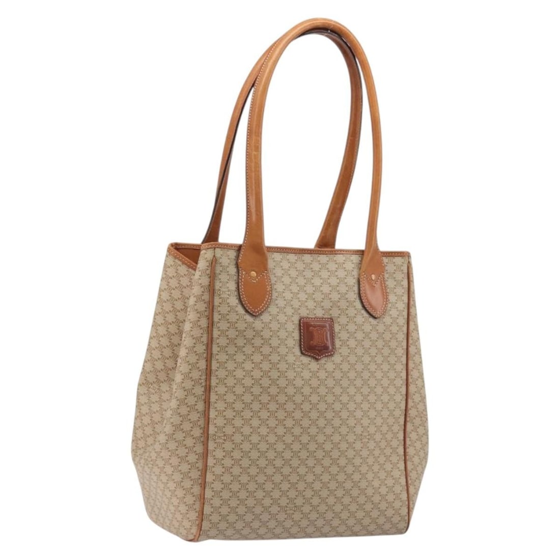 CELINE Macadam Tote Bag Beige Gold PVC Leather Italy: CELINE Macadam Tote Bag Beige Gold PVC Leather Italy Celine Macadam canvas tote bag in beige and gold with PVC leather trim. Made in Italy, this women's tote features a structured everyday silhouette 