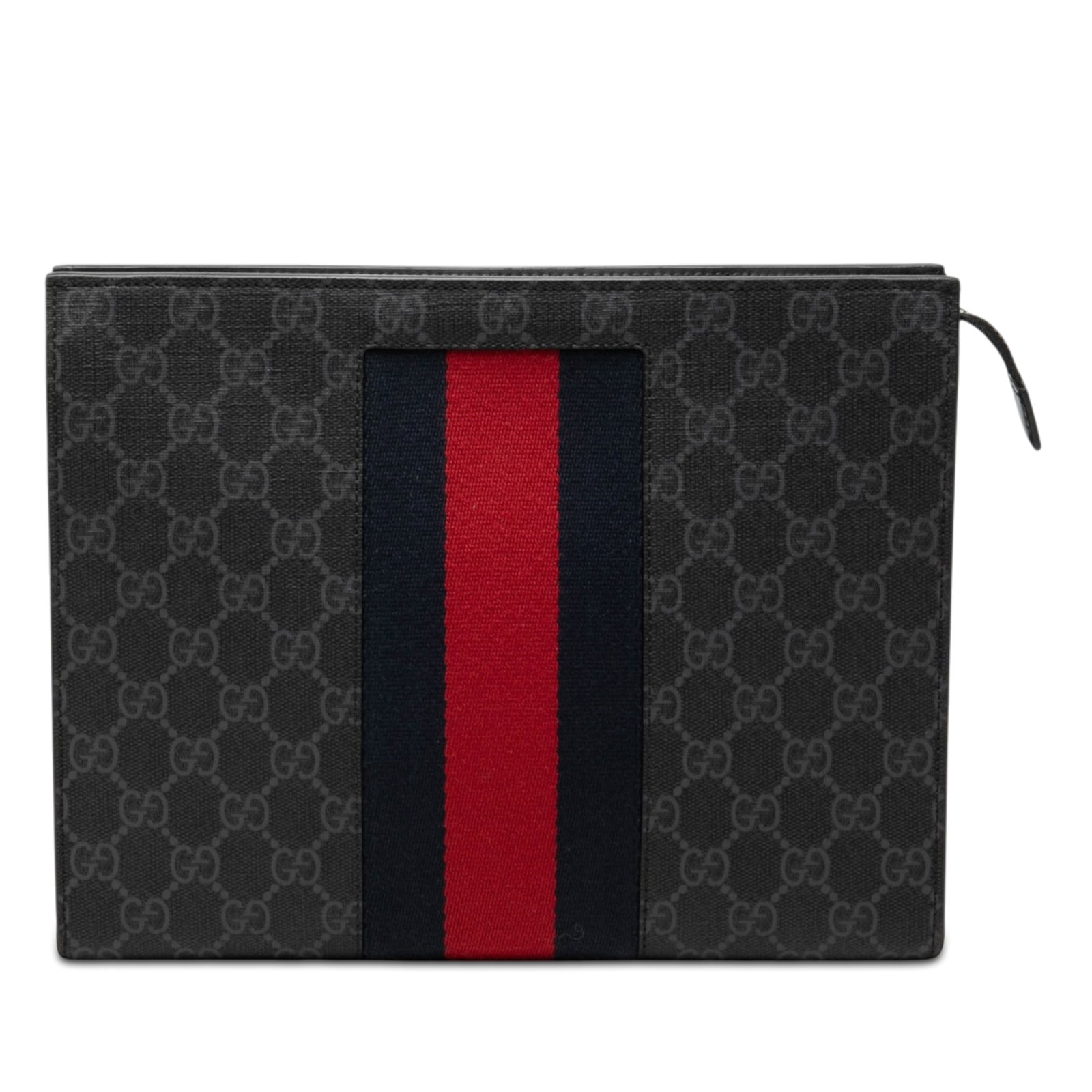 Gucci GG Supreme zip clutch bag with web stripe: Gucci GG Supreme zip clutch bag with web stripe Gucci GG Supreme Web Clutch with a coated canvas body, web detail, top zip closure, and an interior slip pocket. Includes the dust bag and box. Conditio