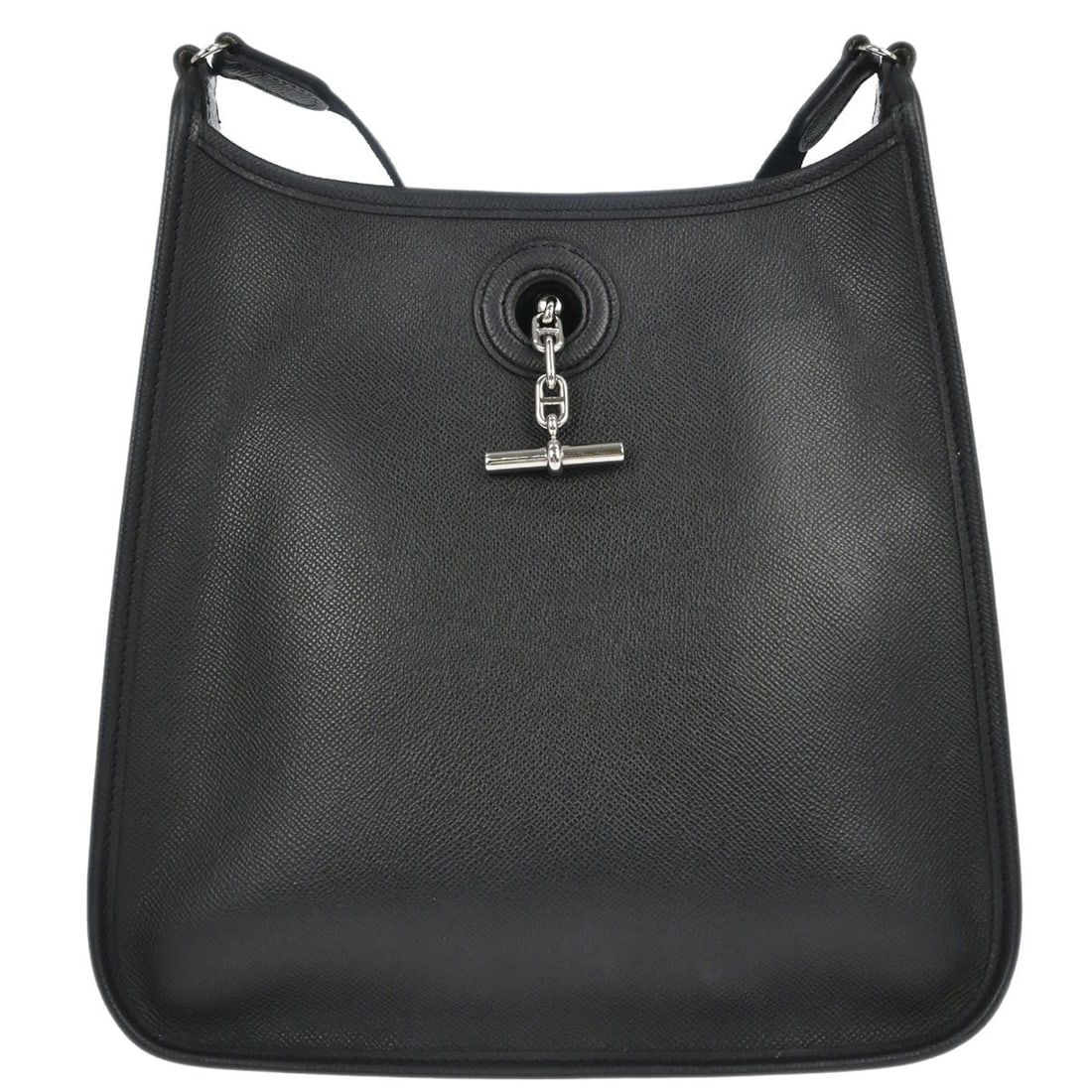 Hermes Vespa PM black Epsom leather shoulder bag: Hermes Vespa PM black Epsom leather shoulder bag Vintage Hermes Vespa PM shoulder bag in black Epsom leather with a snap closure and silver-color hardware. This small women's bag features a black leat