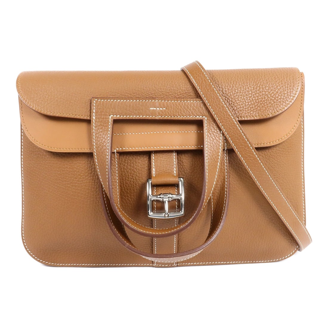 Hermes Halzan 31 Clemence Leather 2 Way Shoulder Bag Gold PHW: Hermes Halzan 31 Clemence Leather 2 Way Shoulder Bag Gold PHW Hermes Halzan 31 2-way shoulder handbag in gold Taurillon Clemence and calfskin. This women's bag features an open-top design with exterio