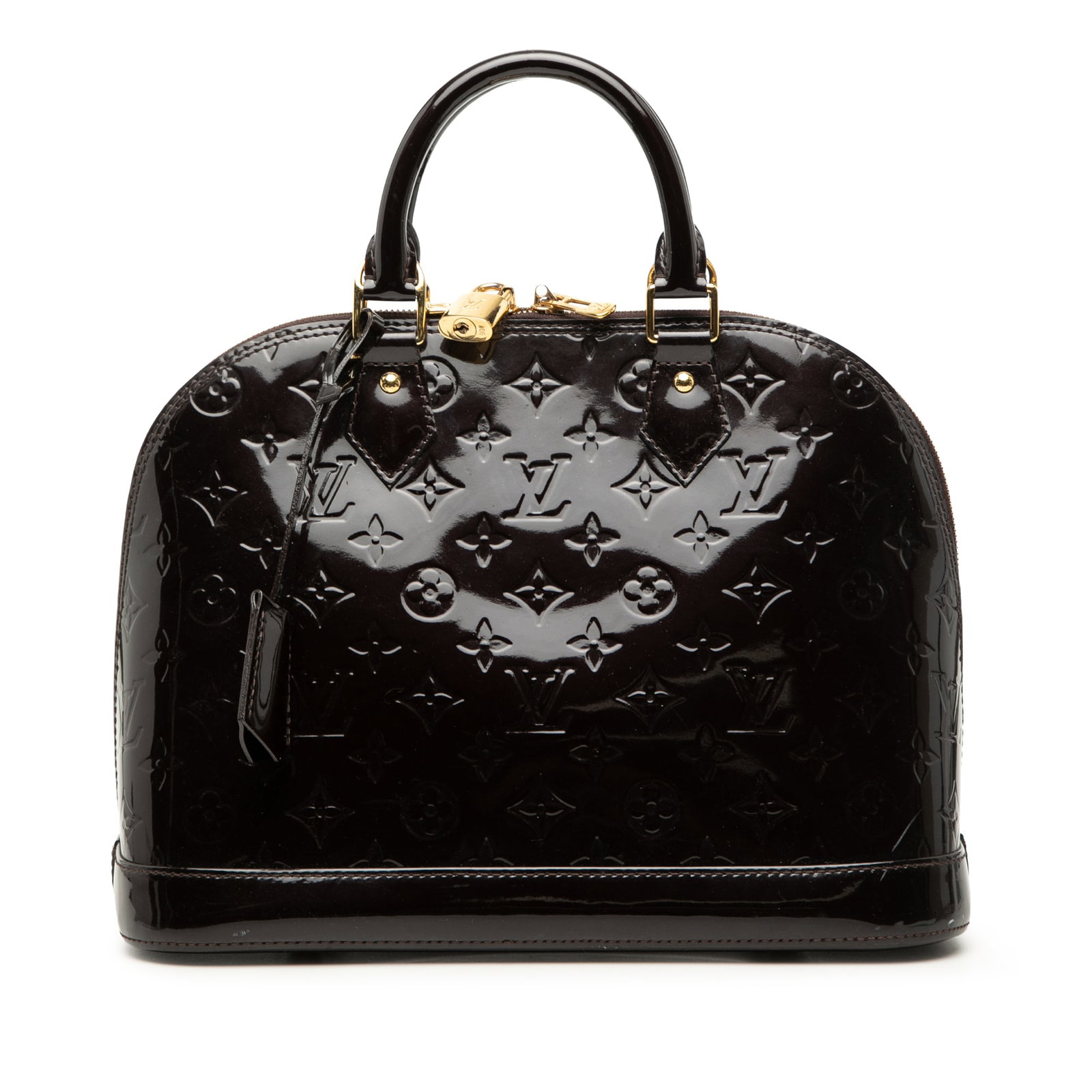 Louis Vuitton Alma PM handbag in purple Monogram Vernis leather: Louis Vuitton Alma PM handbag in purple Monogram Vernis leather Louis Vuitton Monogram Vernis Alma PM handbag crafted in leather with rolled handles, a top zip closure, and interior slip pockets. Made