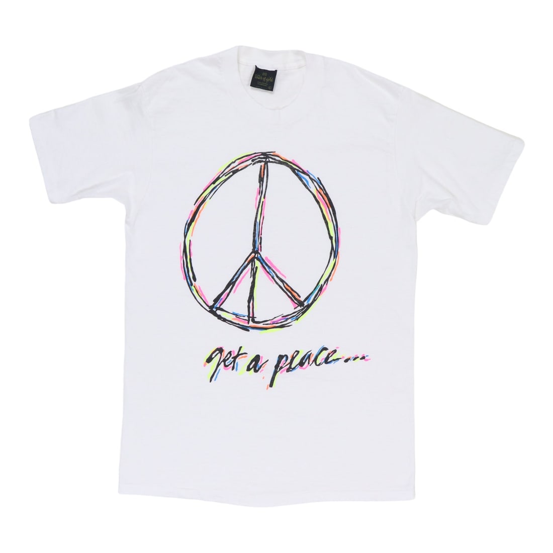 Vintage 1990s Peace Sign Get A Peace Cotton T Shirt Large: Vintage 1990s Peace Sign Get A Peace Cotton T Shirt Large Authentic original vintage 1990s Peace Sign Get A Peace shirt in white cotton. This is a true vintage shirt, not a modern reproduction, with n