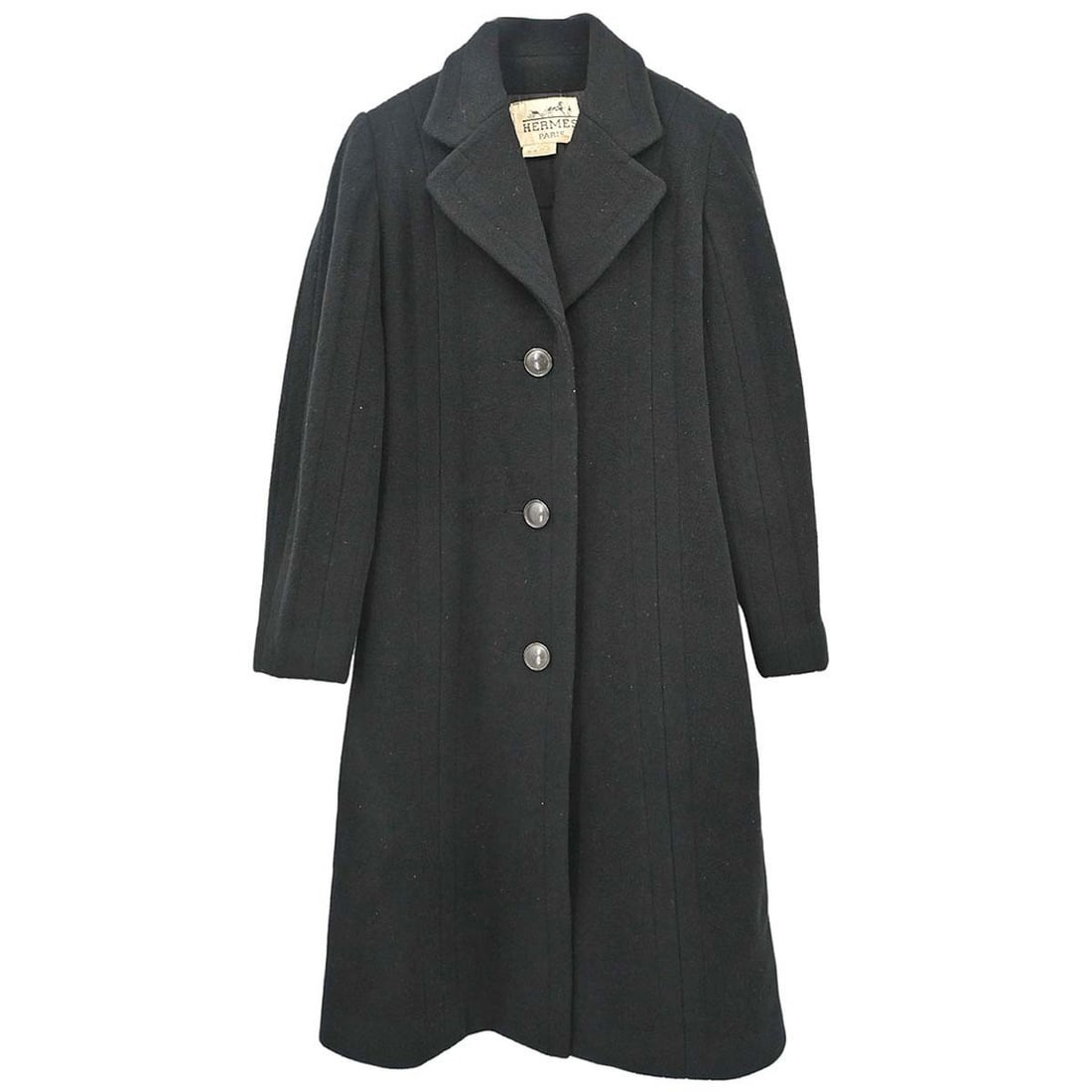 Womens black wool overcoat Hermes FR 38 single breasted: Womens black wool overcoat Hermes FR 38 single breasted Vintage Hermes women's long overcoat in black wool with a single-breasted button front and long sleeves. This regular-fit coat is made in France