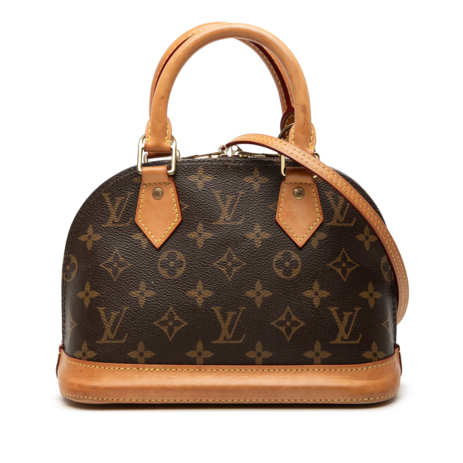 Louis Vuitton Alma BB Monogram Canvas Satchel with Strap: Louis Vuitton Alma BB Monogram Canvas Satchel with Strap Louis Vuitton Monogram Alma BB handbag crafted with a monogram canvas body, rolled vachetta leather handles, a vachetta leather bottom, and a d