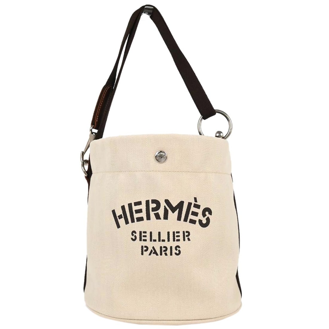 Hermes Sac de Pansage Beige Toile Chevron Bucket Shoulder Bag: Hermes Sac de Pansage Beige Toile Chevron Bucket Shoulder Bag Vintage Hermes Sac de Pansage bucket shoulder bag in beige Toile Chevrons with brown canvas strap details and silver-tone hardware. This m