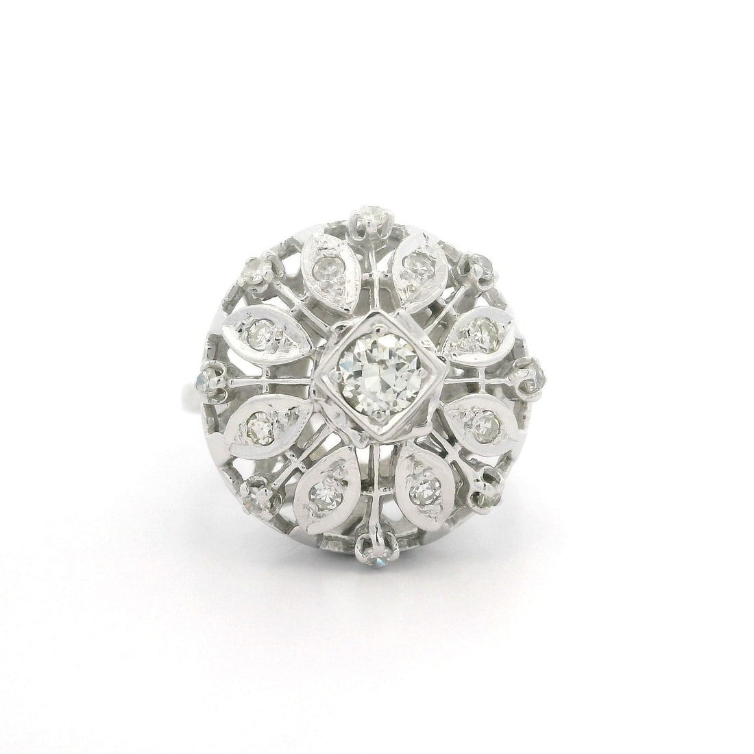 Vintage 14k White Gold 0.56ct Old Cut Diamond Cocktail Ring: Vintage 14k White Gold 0.56ct Old Cut Diamond Cocktail Ring This vintage cocktail ring showcases a stunning design featuring an impressive total carat weight of 0.56ctw in old cut diamonds. Crafted fr