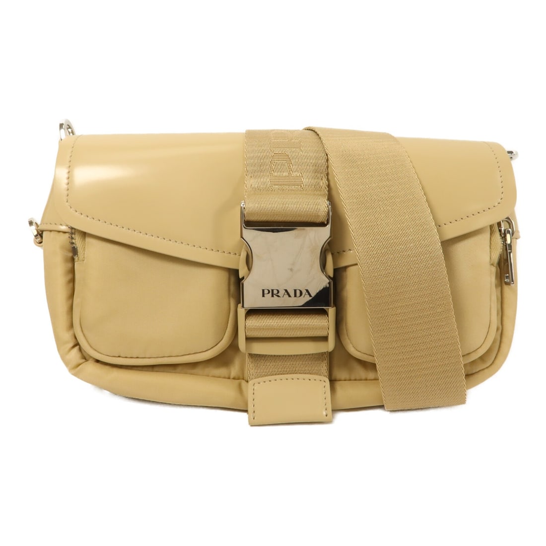 Prada 1BD295 Re-Nylon Shoulder Bag Beige Nylon with Pouch: Prada 1BD295 Re-Nylon Shoulder Bag Beige Nylon with Pouch Prada Re-Nylon Pocket shoulder bag in beige with silver-tone hardware. This women's shoulder bag features a magnetic pocket and three interior