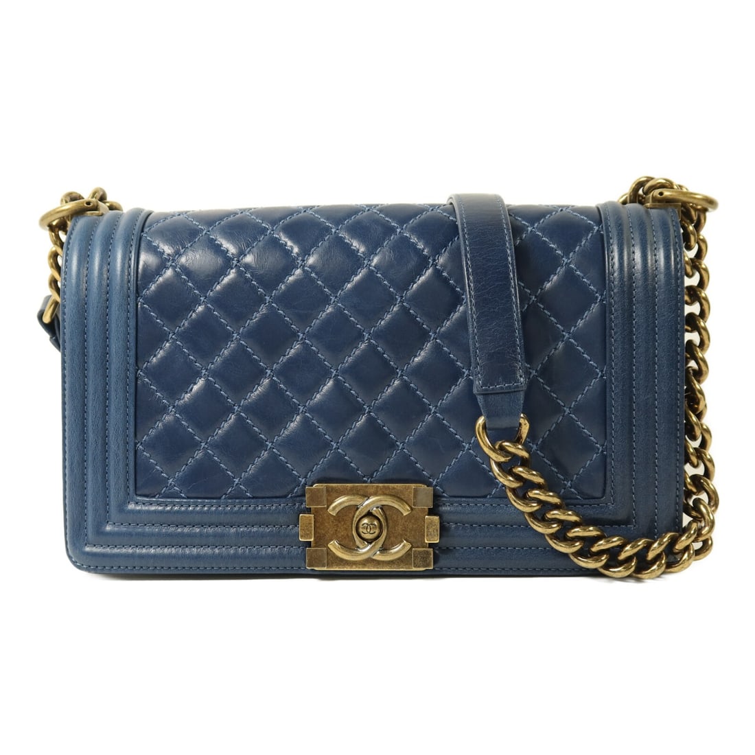 CHANEL Boy 25 CC Chain Shoulder Bag Black Blue Calfskin: CHANEL Boy 25 CC Chain Shoulder Bag Black Blue Calfskin CHANEL CC GHW Boy 25 Chain Shoulder Bag in calfskin leather, presented in black and blue. This shoulder bag features a flap closure, one open in