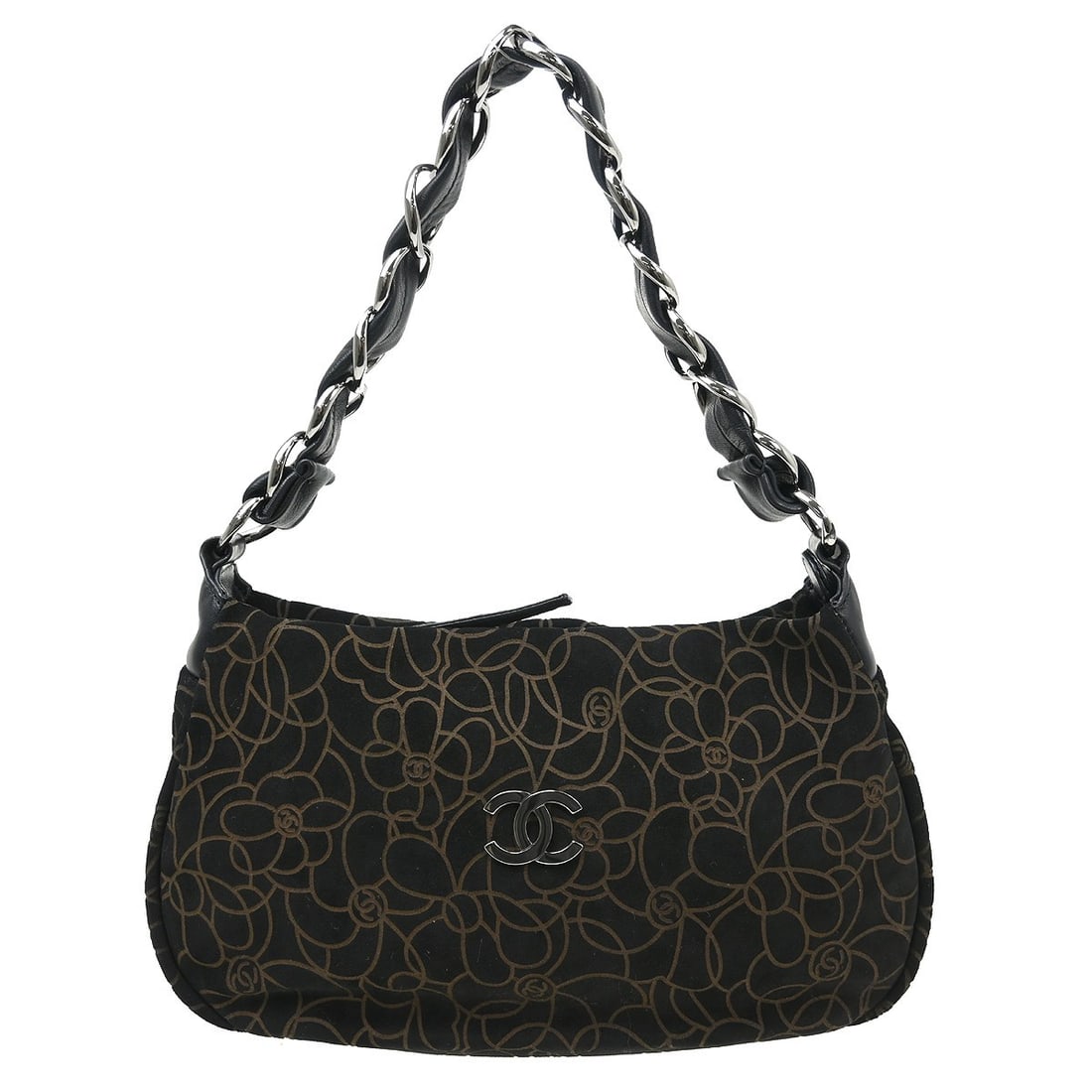 CHANEL Camellia black suede shoulder bag leather lined Italy: CHANEL Camellia black suede shoulder bag leather lined Italy Black suede shoulder bag with a leather lining and logo accent. It features one exterior pocket and one interior zipper pocket. The bag is 