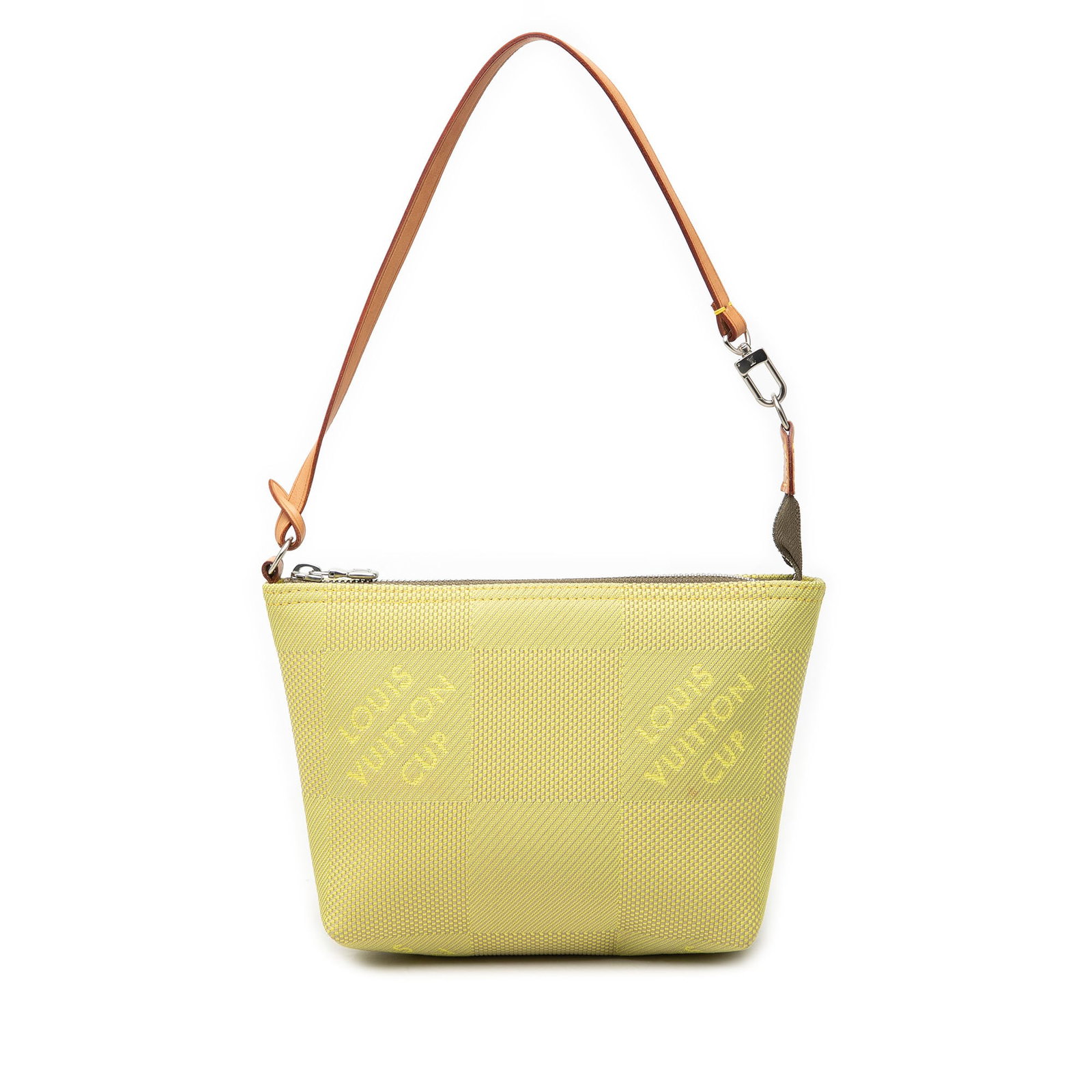 Louis Vuitton Damier Geant LV Cup Volunteer Pochette Green Canvas Bag: Louis Vuitton Damier Geant LV Cup Volunteer Pochette Green Canvas Bag Louis Vuitton Damier Geant LV Cup Volunteer Pochette in green fabric with a canvas body, flat vachetta leather strap, and top zip 