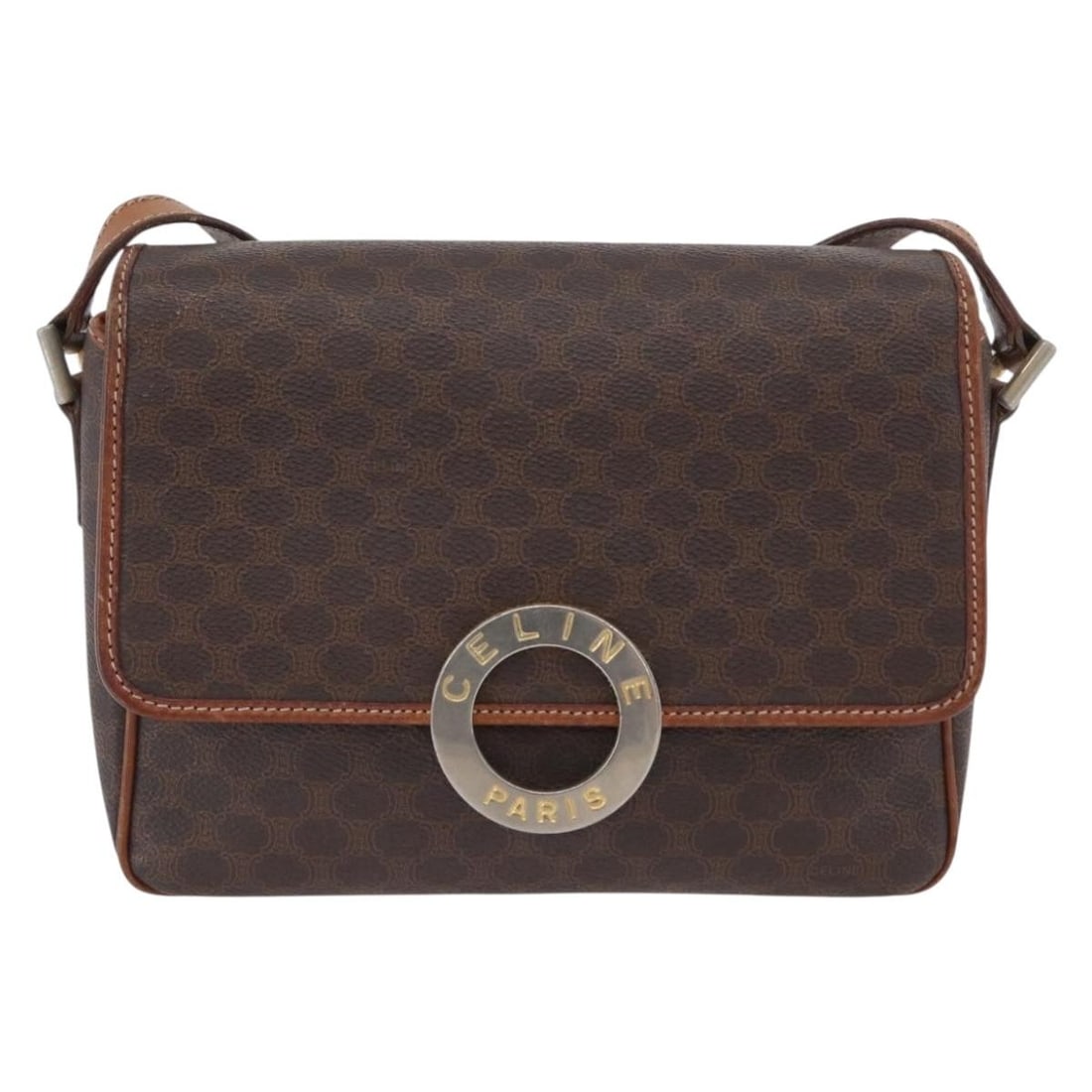 Celine Vintage Macadam Circle Logo Shoulder Bag Canvas Leather Brown: Celine Vintage Macadam Circle Logo Shoulder Bag Canvas Leather Brown This Celine Vintage Macadam Circle Logo Shoulder Bag features a classic brown canvas exterior with leather accents. Designed for un