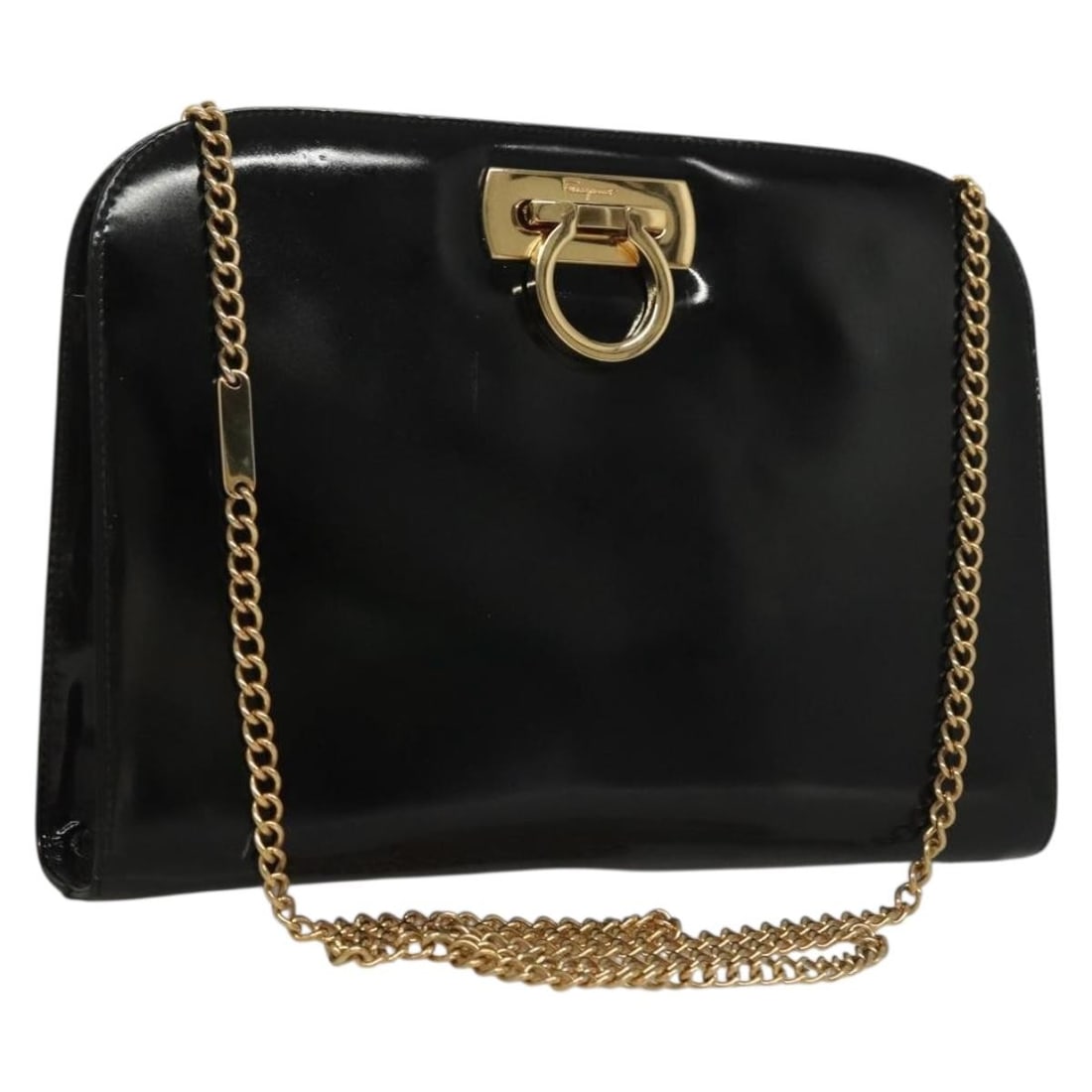Salvatore Ferragamo Gancini shoulder bag in black patent leather: Salvatore Ferragamo Gancini shoulder bag in black patent leather This Salvatore Ferragamo Gancini shoulder bag is crafted from black patent leather and designed for women. It features a structured sil