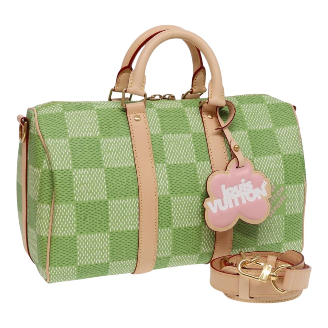Louis Vuitton N40671 Keepall Bandouliere 35 Green Damier Hand Bag: Louis Vuitton N40671 Keepall Bandouliere 35 Green Damier Hand Bag Louis Vuitton Damier Golf Keepall Bandouliere 35 bag in green Damier Color Canvas, made in France. This women's hand bag comes with a 