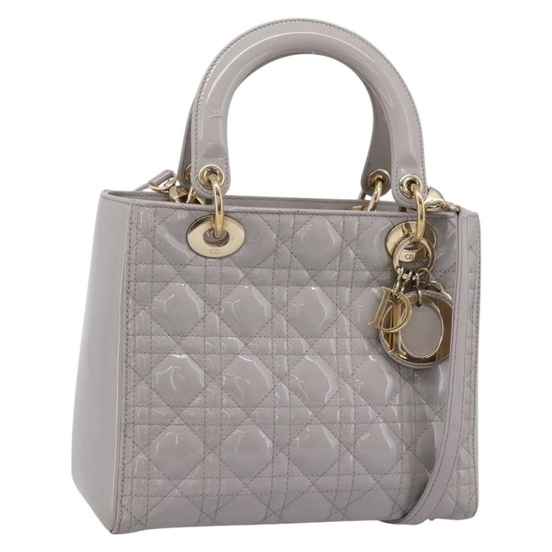Christian Dior Lady Dior gray enamel 2way handbag with strap: Christian Dior Lady Dior gray enamel 2way handbag with strap Christian Dior Lady Dior 2-way handbag in gray enamel with gold-tone accents. Made in Italy, this women's handbag includes a shoulder strap