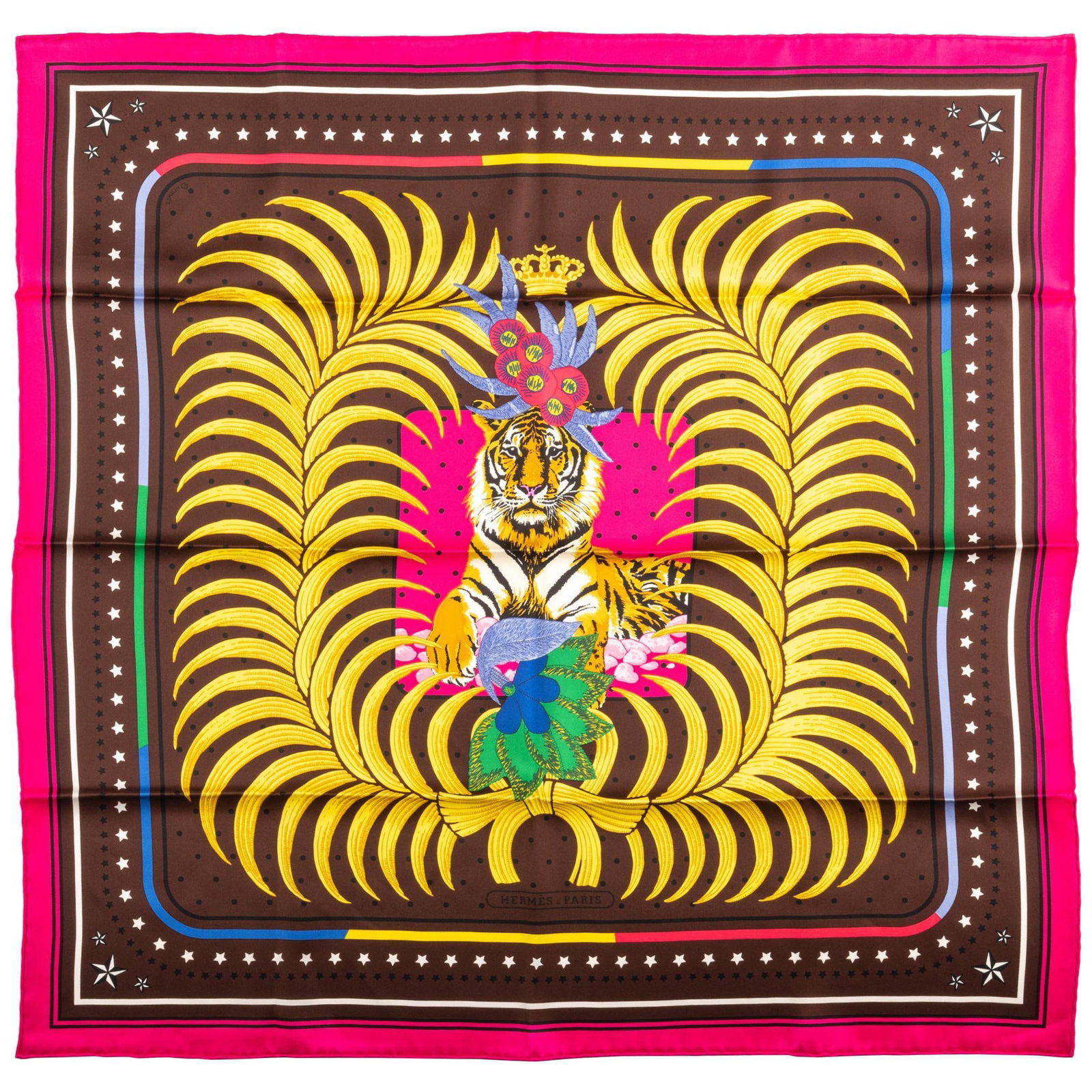Hermes Imperial Tiger Limited Edition Brown Silk Scarf 25.5 in: Hermes Imperial Tiger Limited Edition Brown Silk Scarf 25.5 in Presenting a stunning Hermes limited edition "Imperial Tiger" small silk scarf, featuring a captivating brown design with fuchsia trim. T