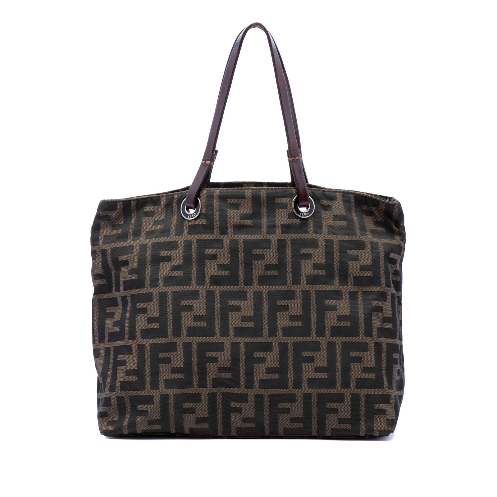 Fendi Zucca Brown Canvas Tote Bag: Fendi Zucca Brown Canvas Tote Bag This Fendi Zucca Canvas Tote features a canvas body in a classic brown tone, complemented by flat leather handles. The bag is designed with an open top for easy acces